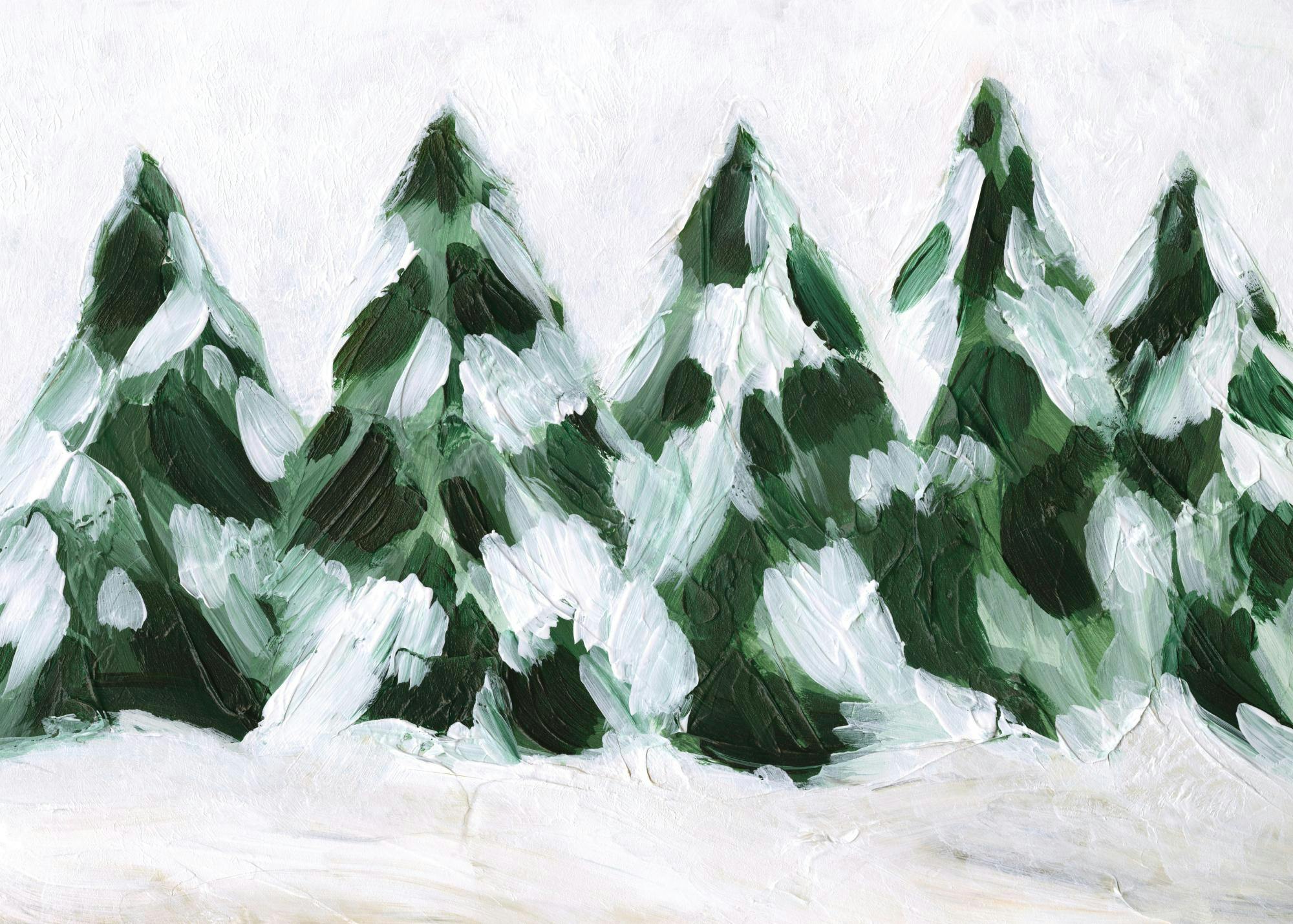 A poster featuring an impressionistic painting of snow-covered pine trees with bold strokes of green and white paint.