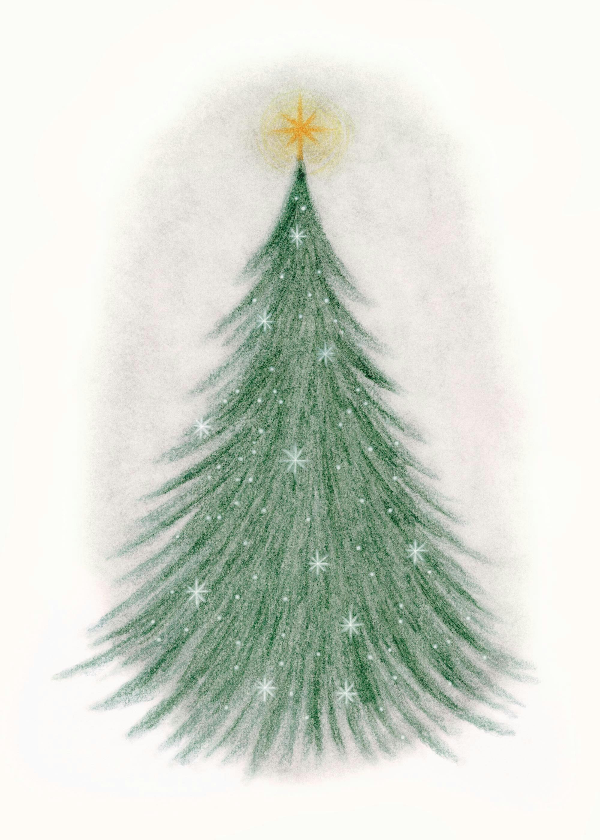 A minimalist Christmas tree poster with a golden star and faint snowflakes on a light background.