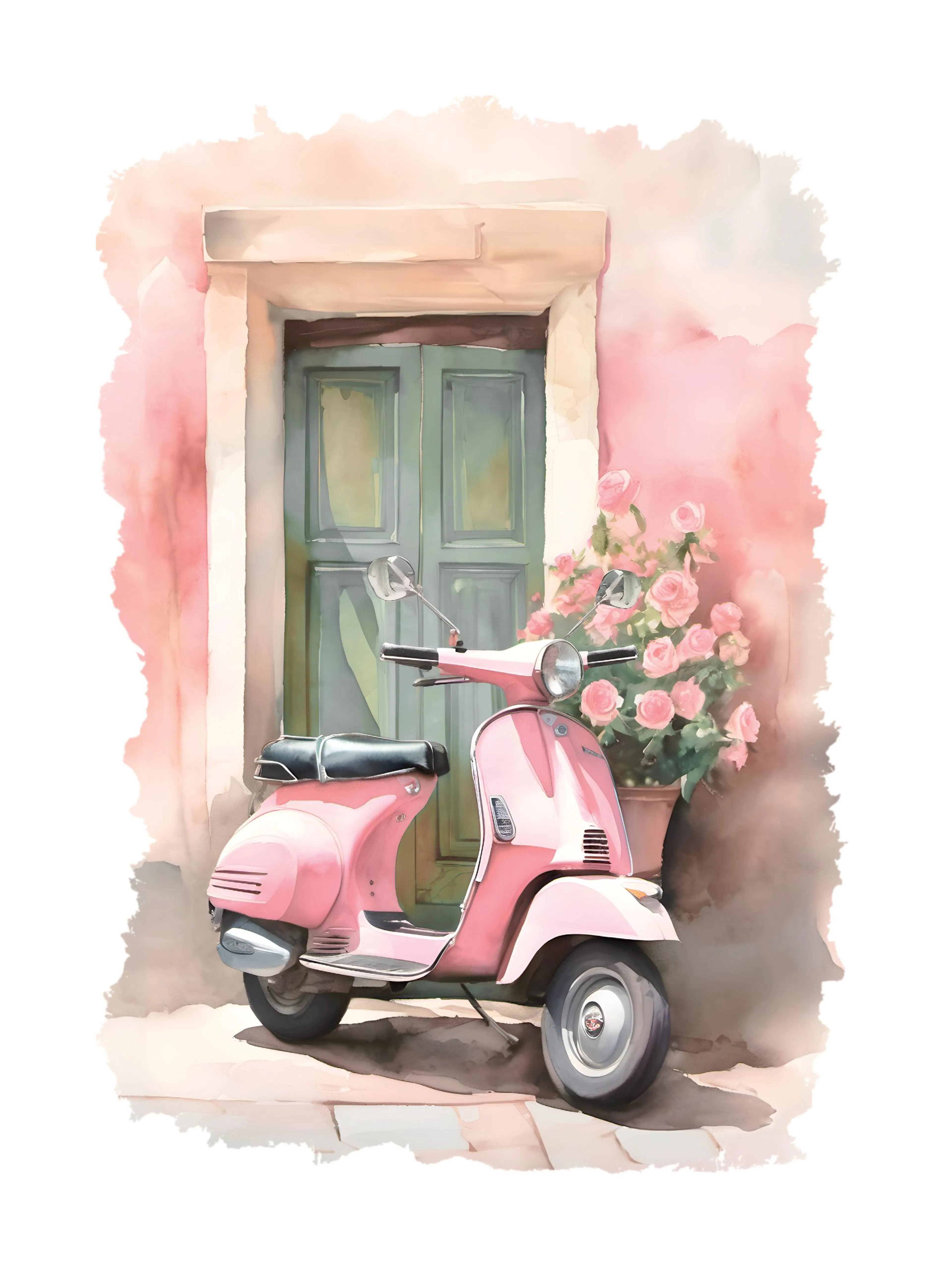 Poster aquarelle dun scooter rose devant une porte verte et un mur rose avec des roses.