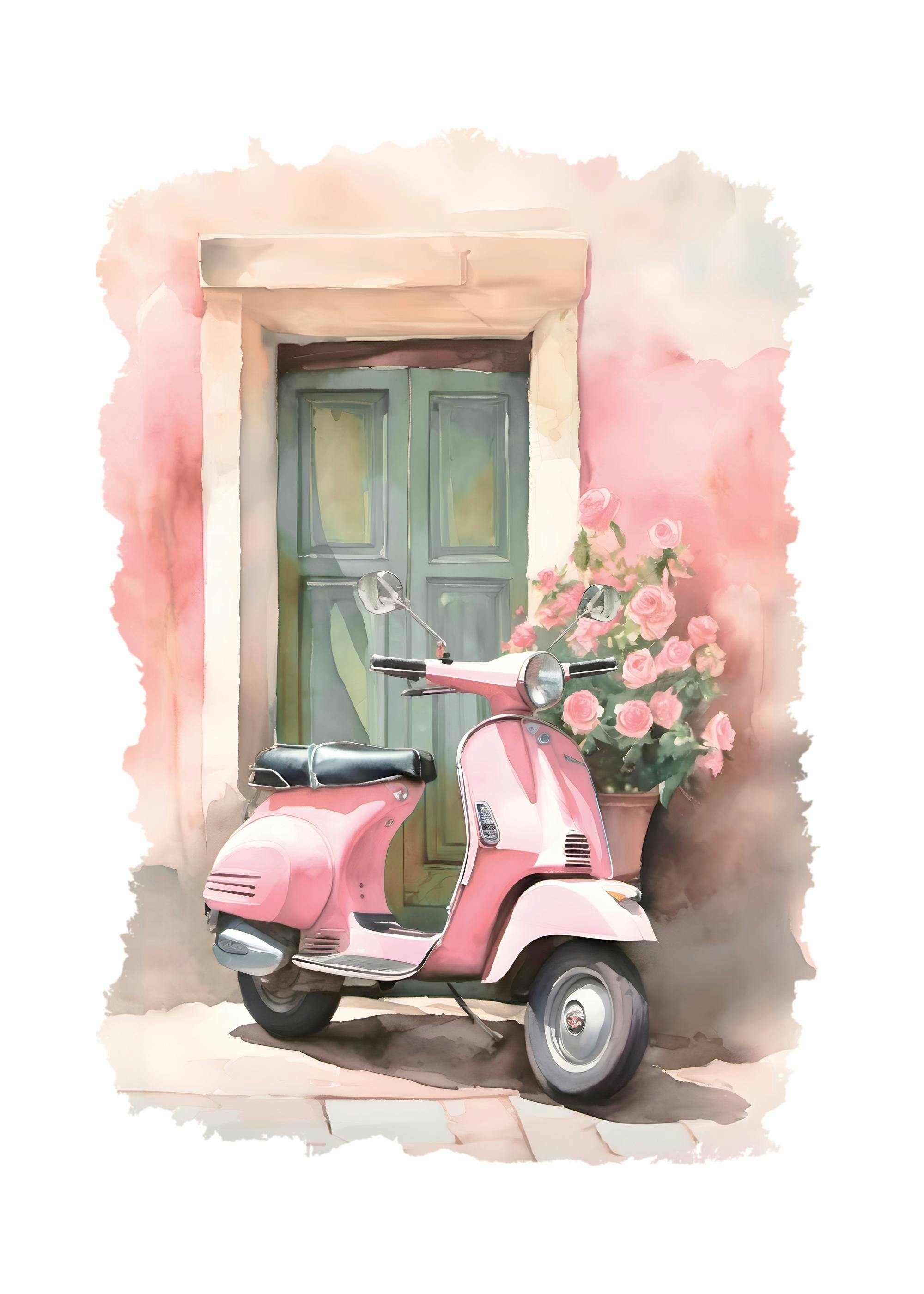 Plakat med en lyserød Vespa-scooter foran en grøn dør og en potte med lyserøde roser.