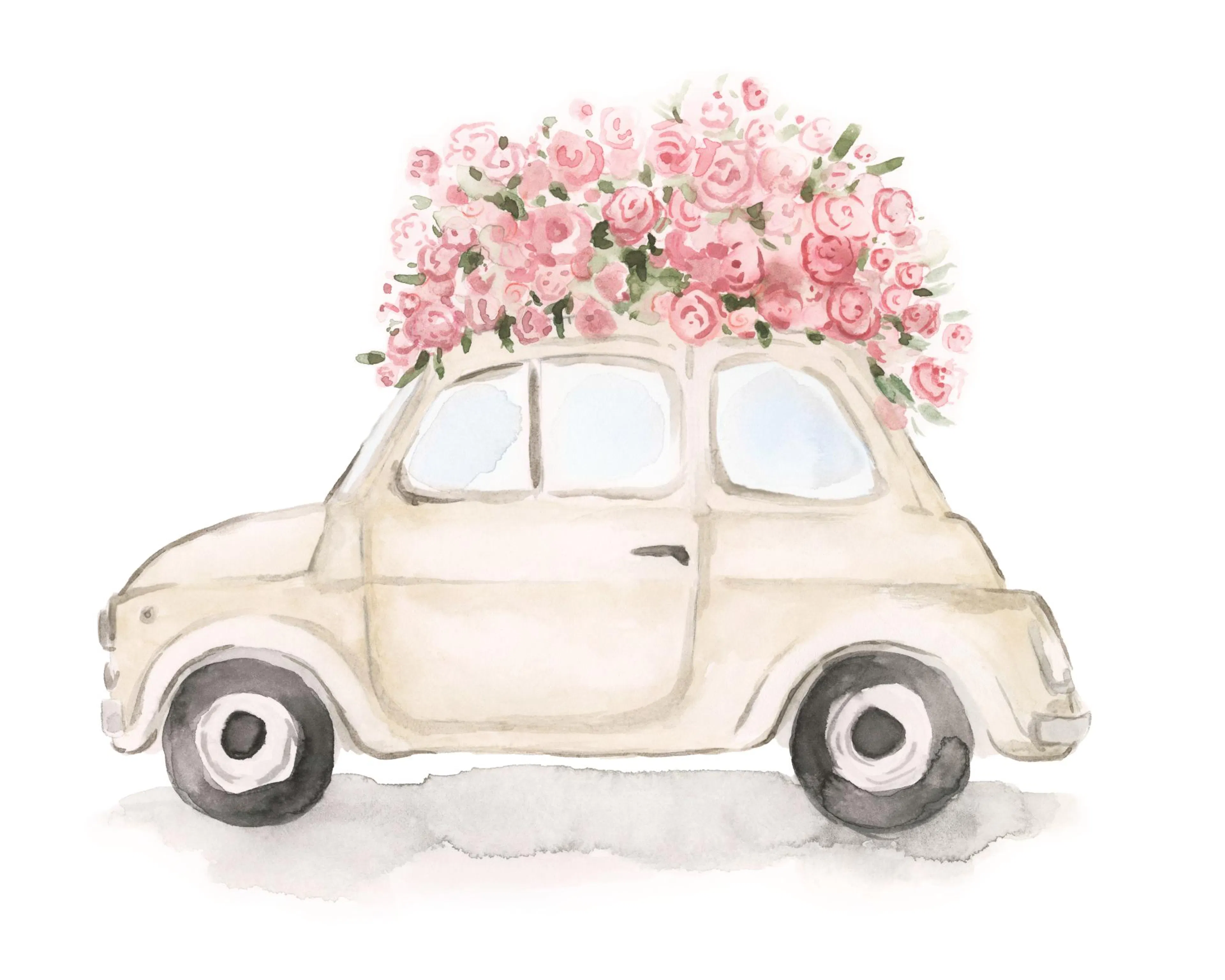 A watercolor poster of a light beige vintage car with a huge bouquet of pink roses on its roof.