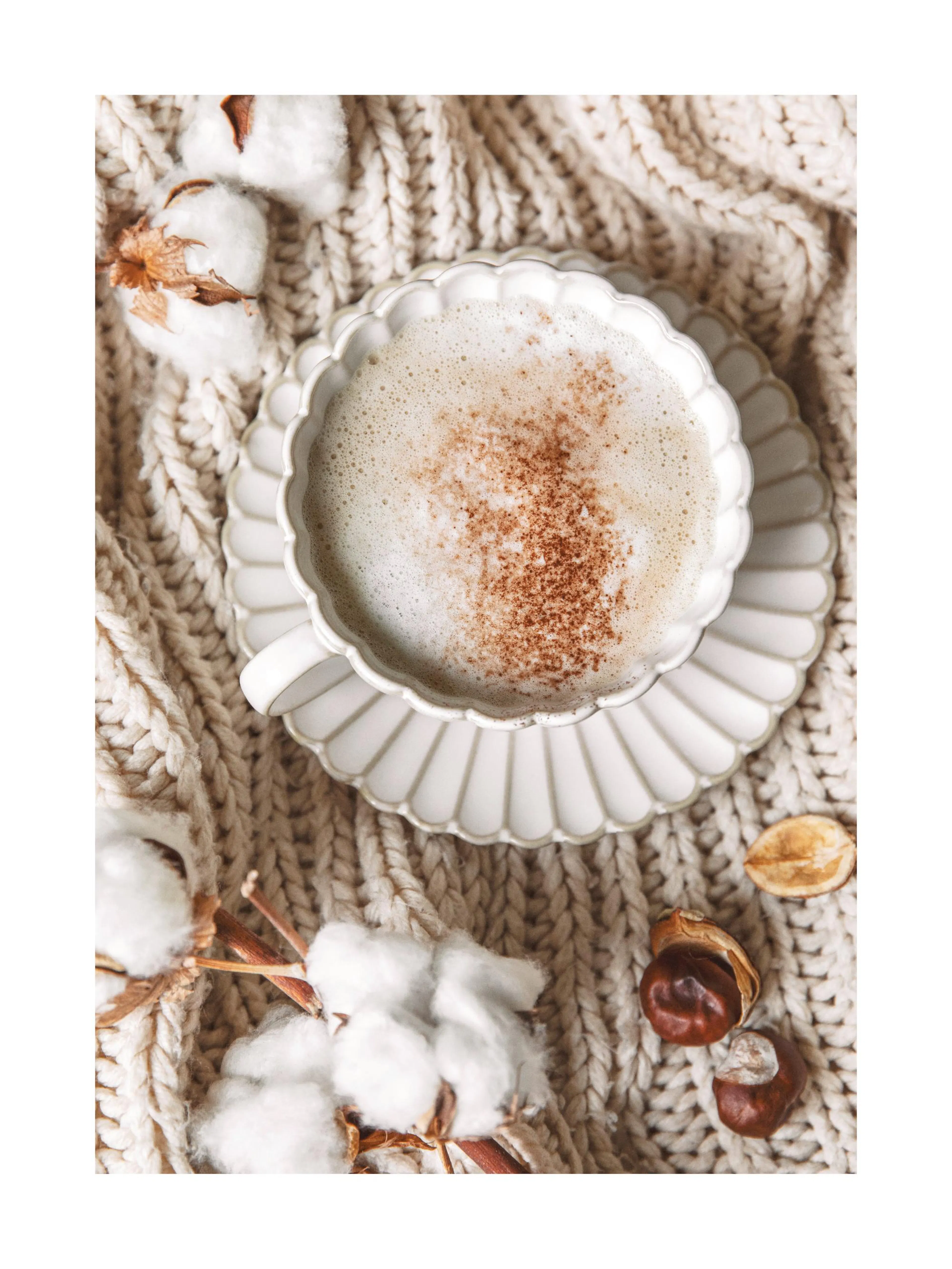 A cozy poster of a white cup of frothy coffee with cinnamon on a beige knitted blanket, surrounded by cotton blossoms and chestn
