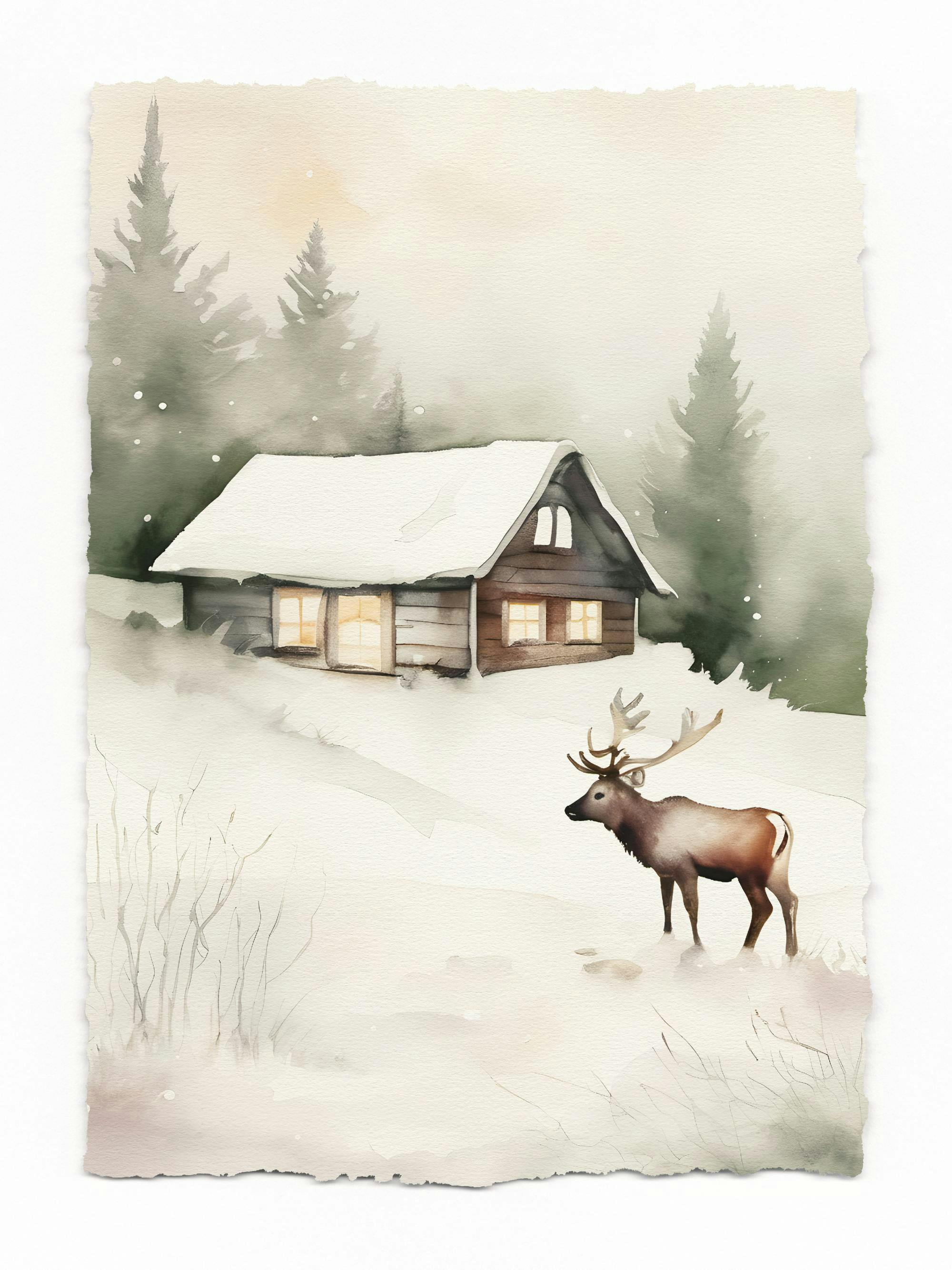 En plakat i akvarellstil med et snødekt hus med lyse vinduer, omgitt av trær og en elg i vinterlandskap.