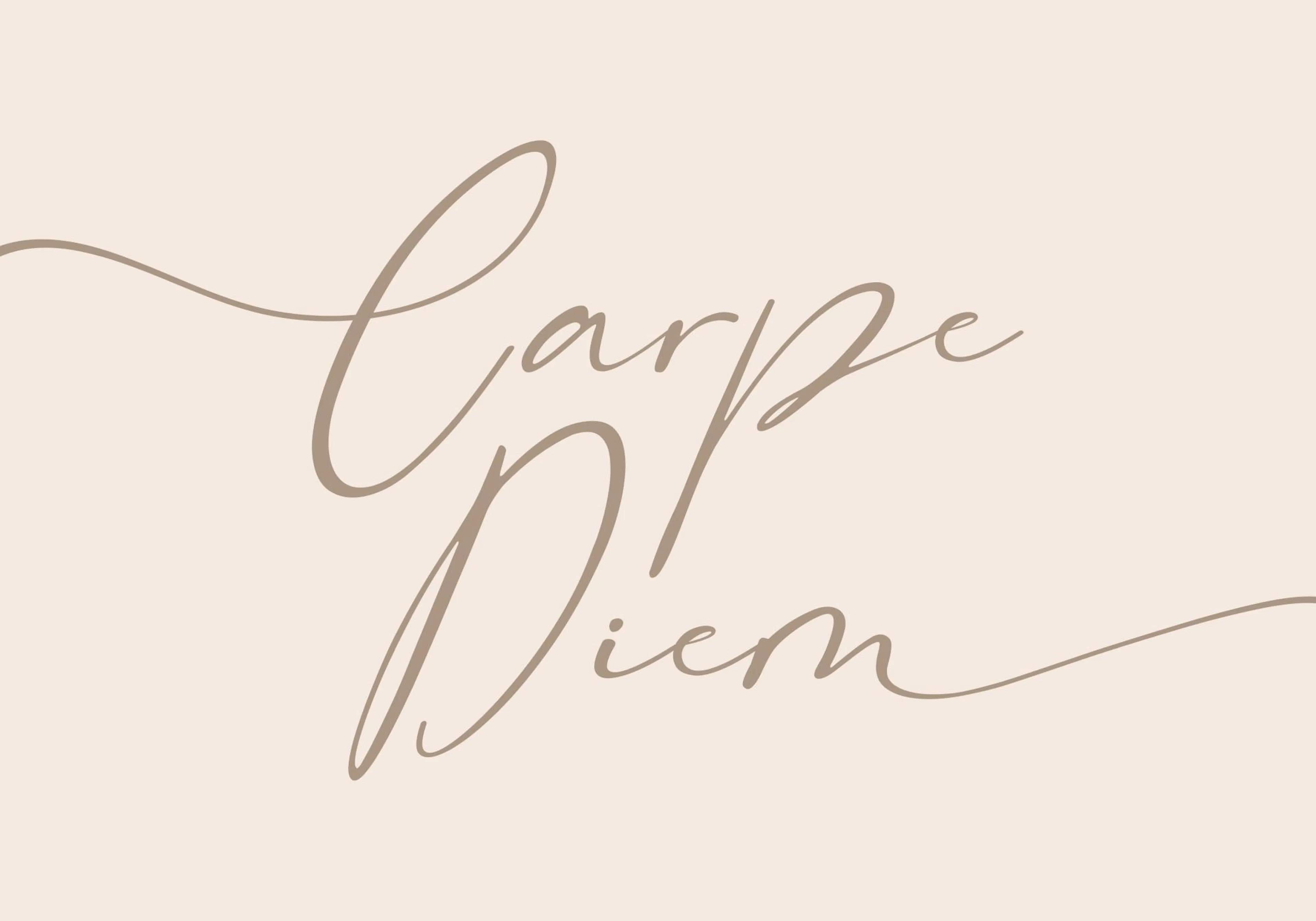 En plakat med teksten Carpe Diem i beige, elegant skrift på en lys bakgrunn.