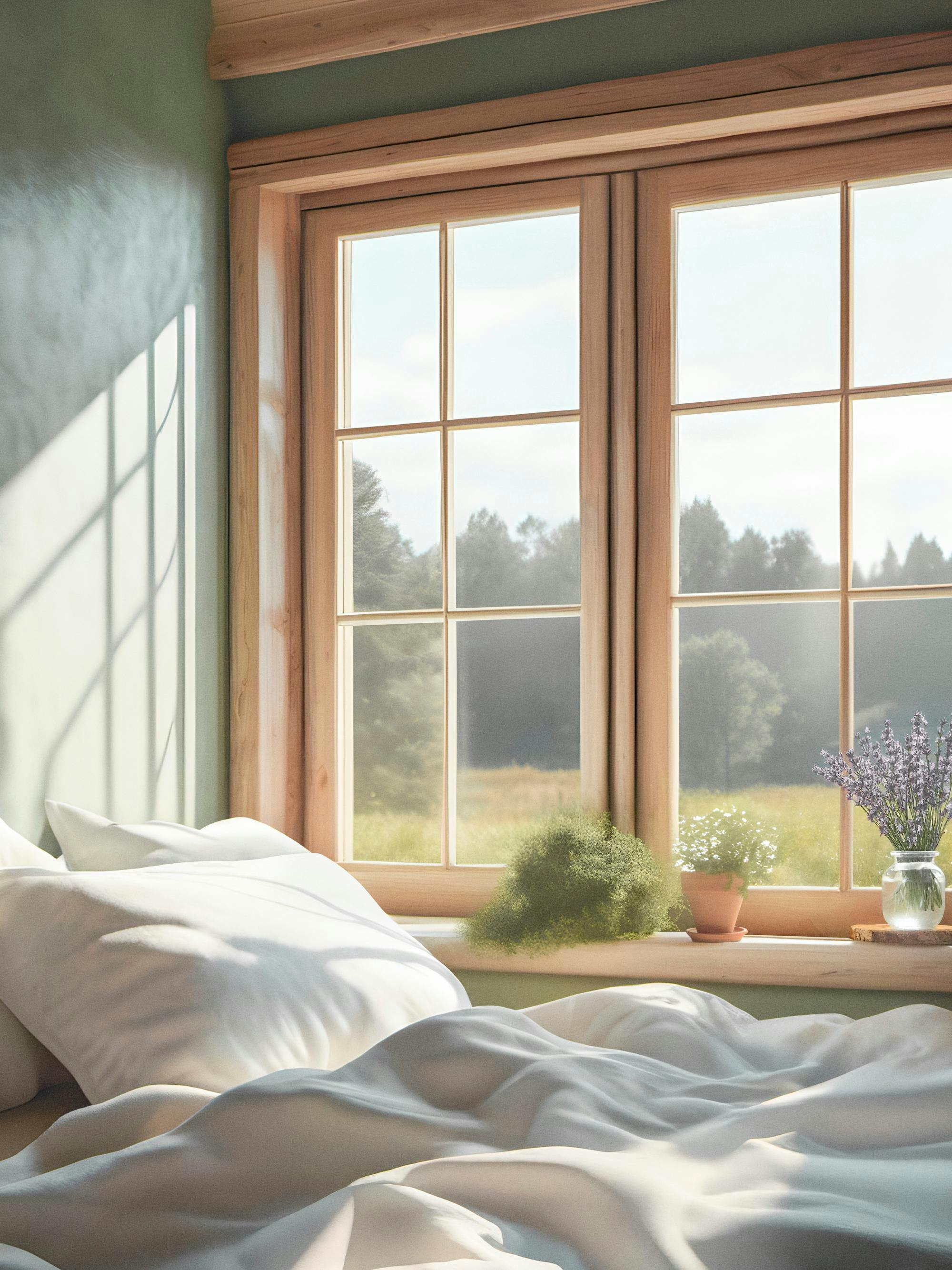 A poster depicting a sunlit bedroom window with plants and a lavender bouquet, overlooking a green field.