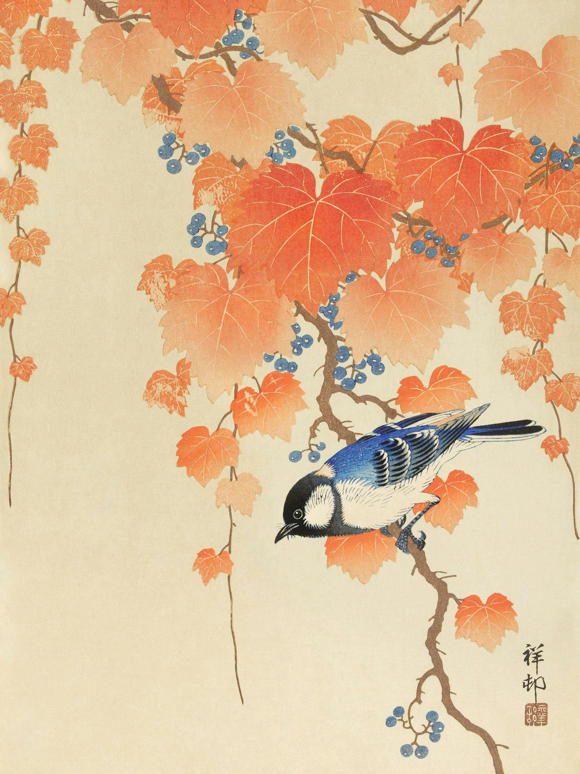 Japán ihletésű poster kék cinegével és őszi borostyánlevelekkel, kék bogyókkal.