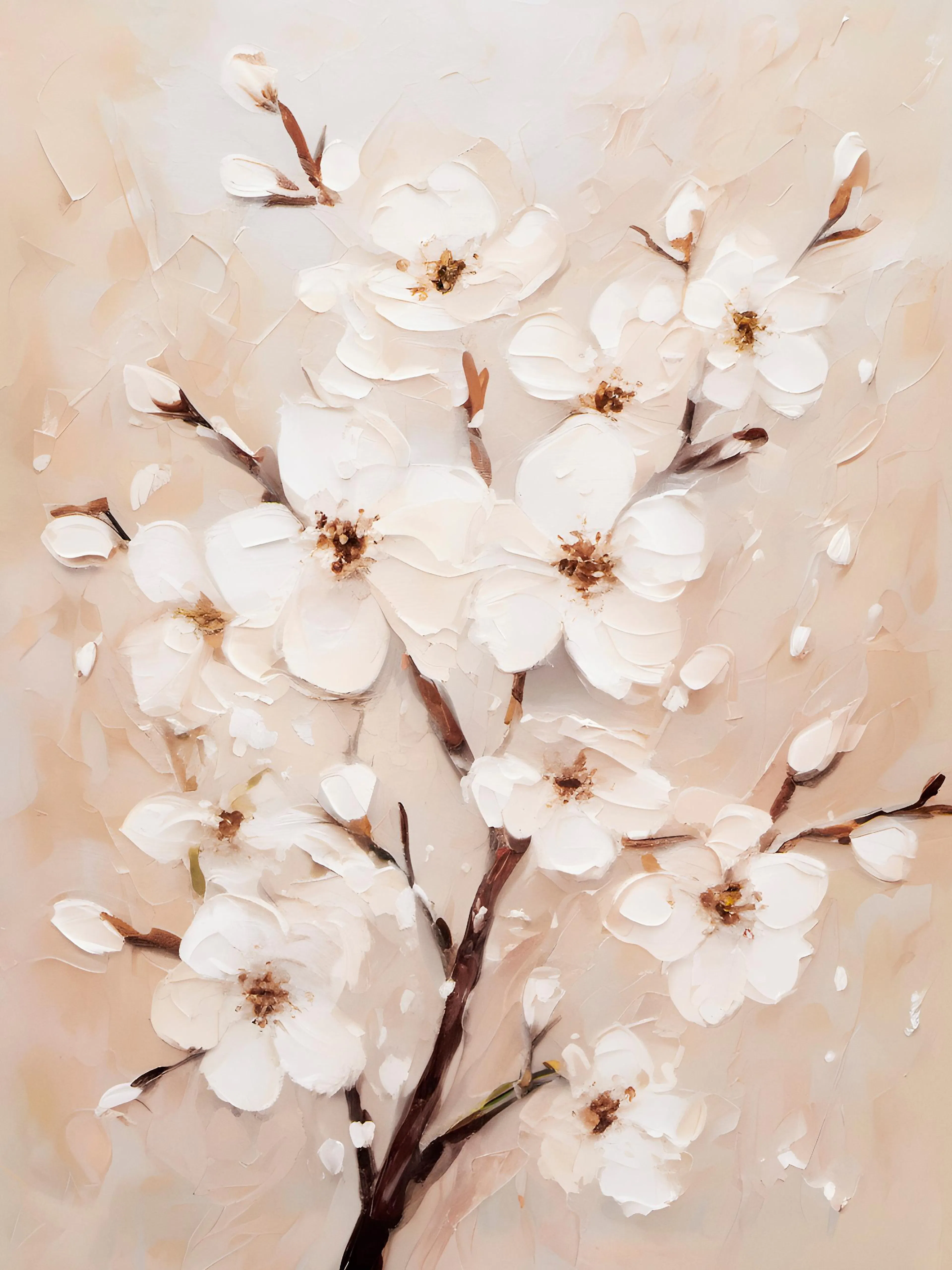 Póster de flores blancas de cerezo con textura de espátula en ramas marrones, sobre un fondo beige pálido.
