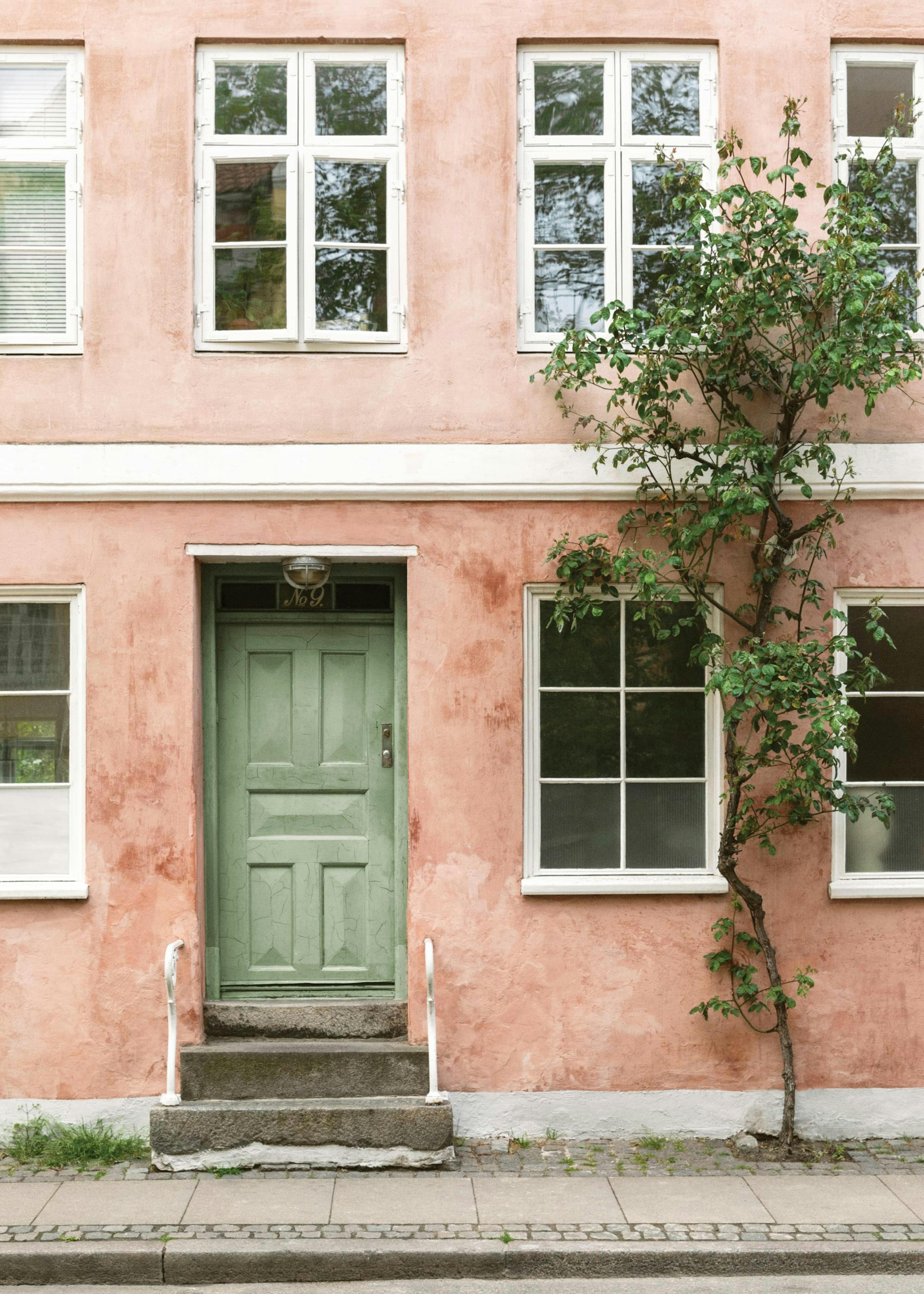 Poster di una facciata rosa di un edificio con porta e finestre verdi, appeso sopra un divano rosa in un salotto.