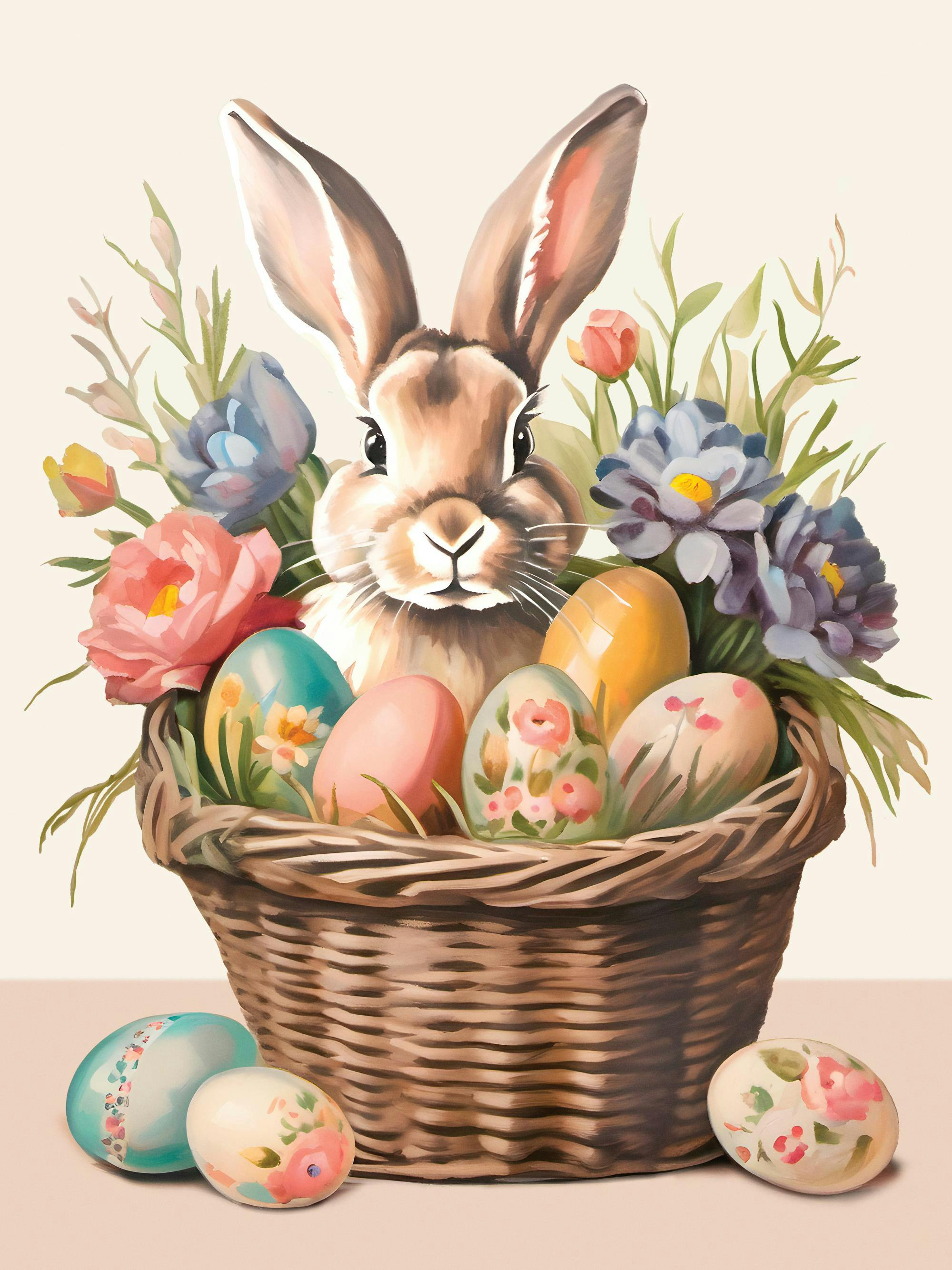 En plakat med en kanin som titter opp fra en kurv fylt med blomster og dekorerte påskeegg.