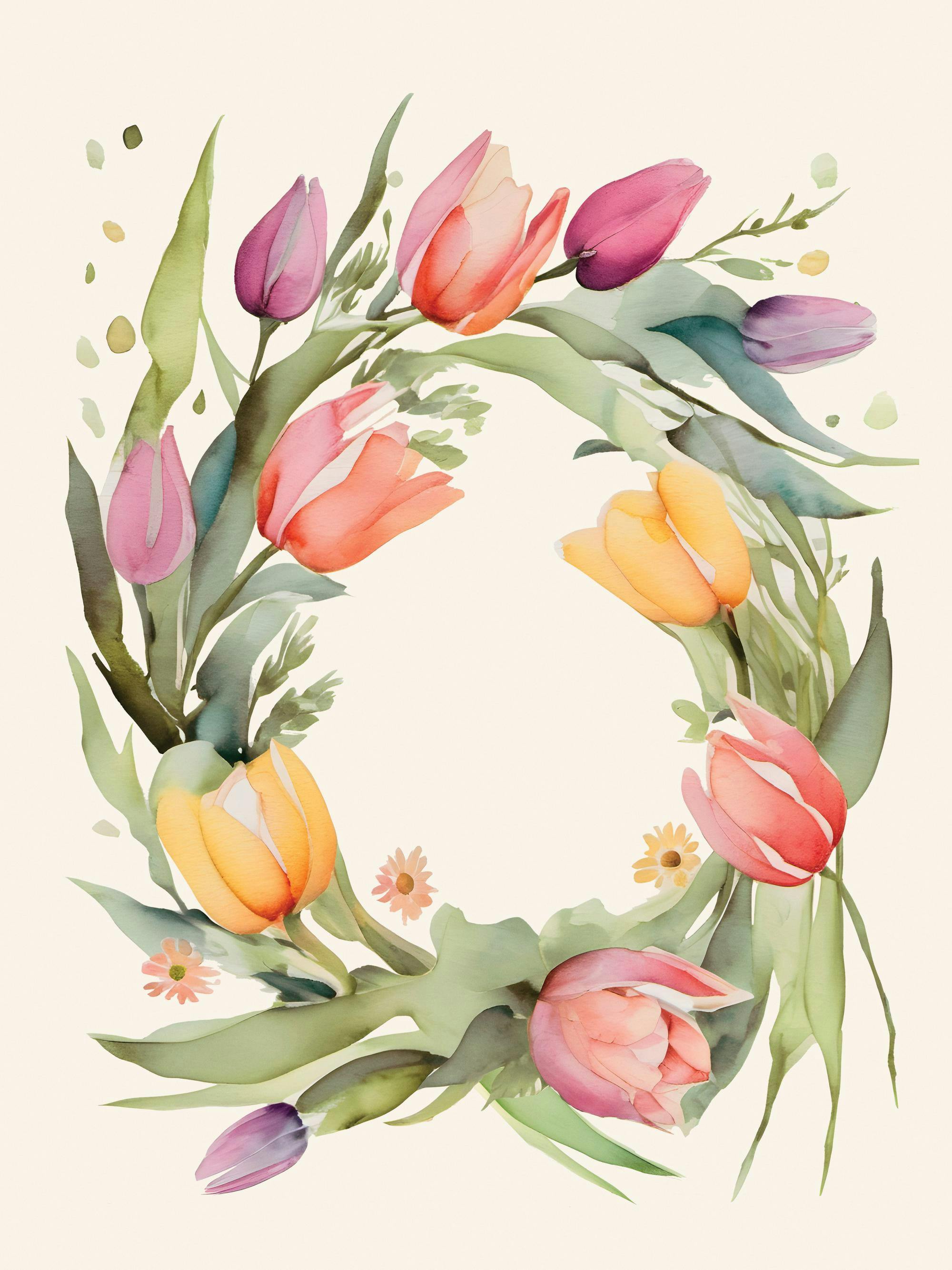En plakat med en krans av fargerike tulipaner i nyanser av rosa, oransje, lilla og gult, med grønne blader.