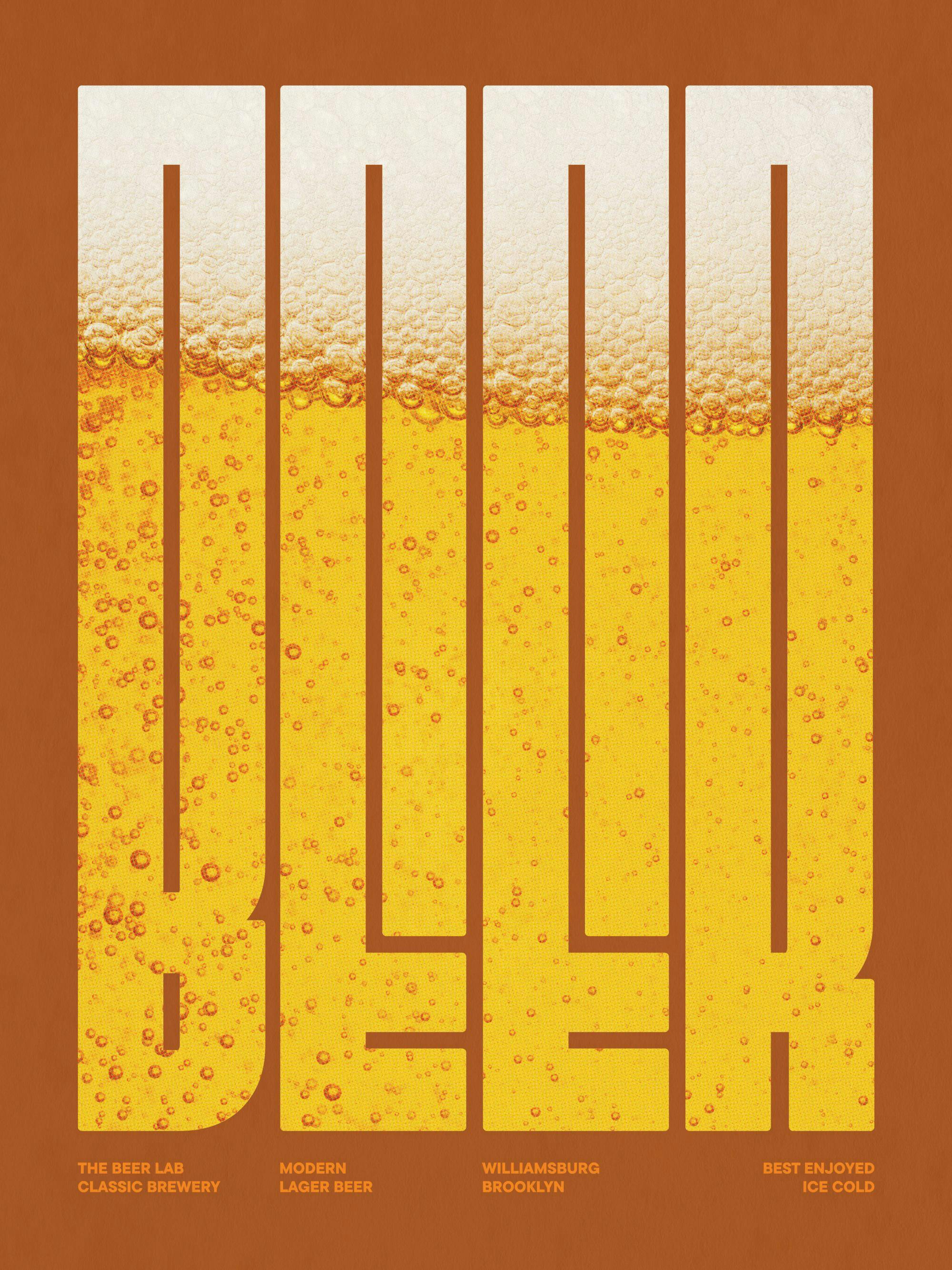 Plakat z napisem BEER w kolorze piwa z pianą i pęcherzykami, na brązowym tle.