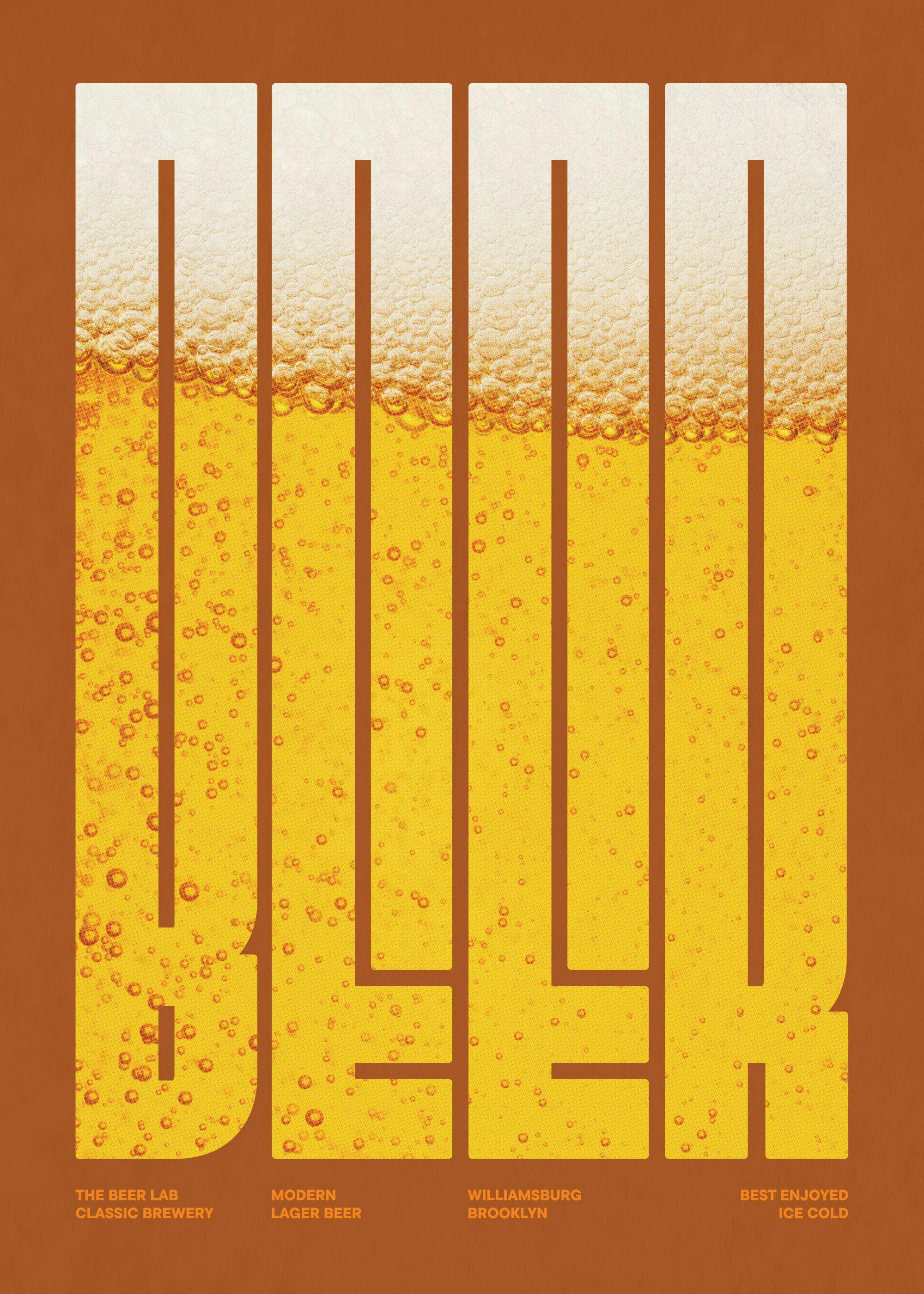Poster de la typographie COLD BEER en majuscules sur fond brun, avec des bulles de bière dorées.