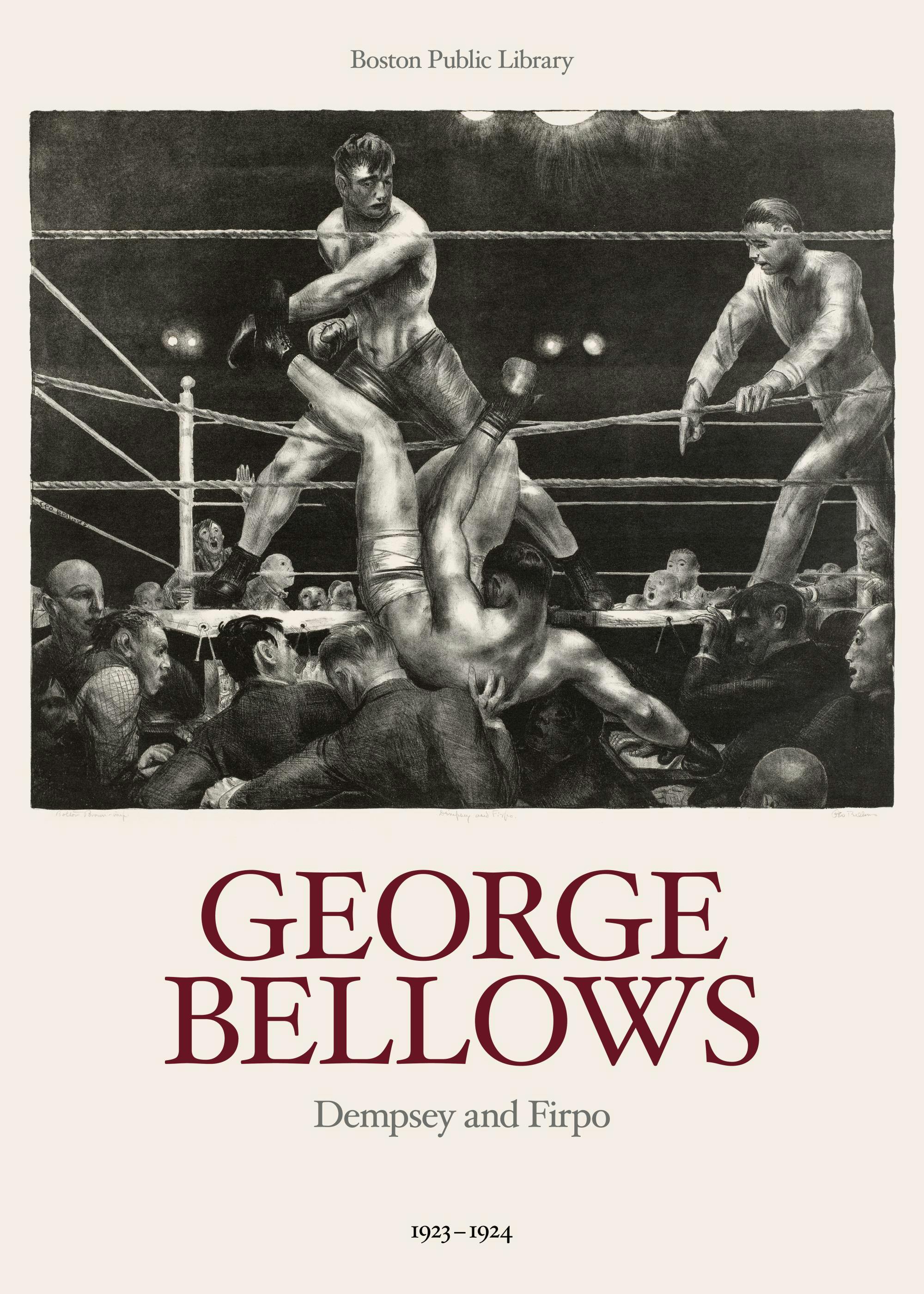 Poster du boxeur Dempsey frappant Firpo, qui tombe à travers les cordes du ring, devant une foule excitée.