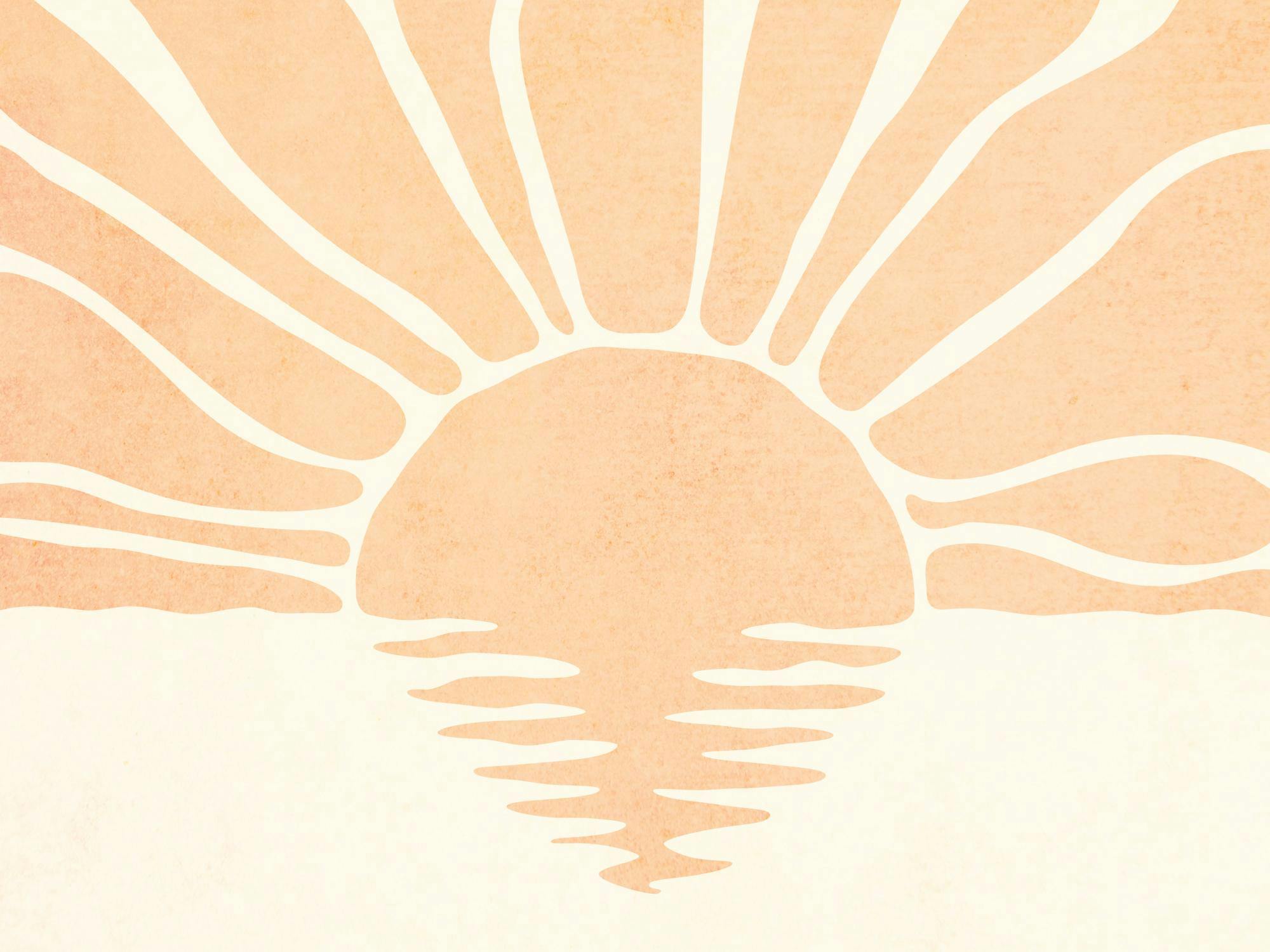 A poster featuring a minimalist peach-toned sunset over water with white wavy lines on a cream background.