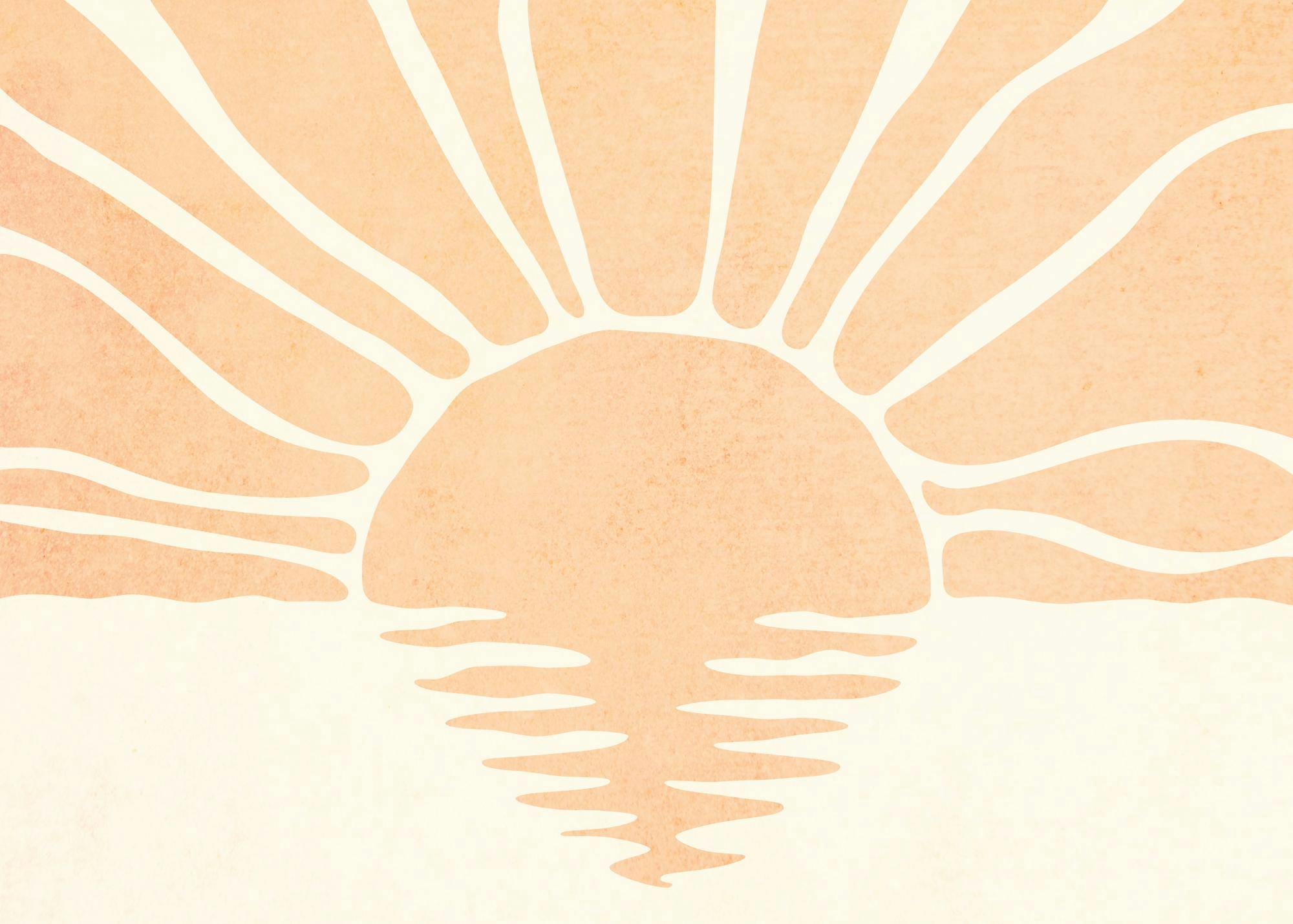 日の出と水面の反射をモチーフにした、オレンジ色とクリーム色の抽象的なポスター。