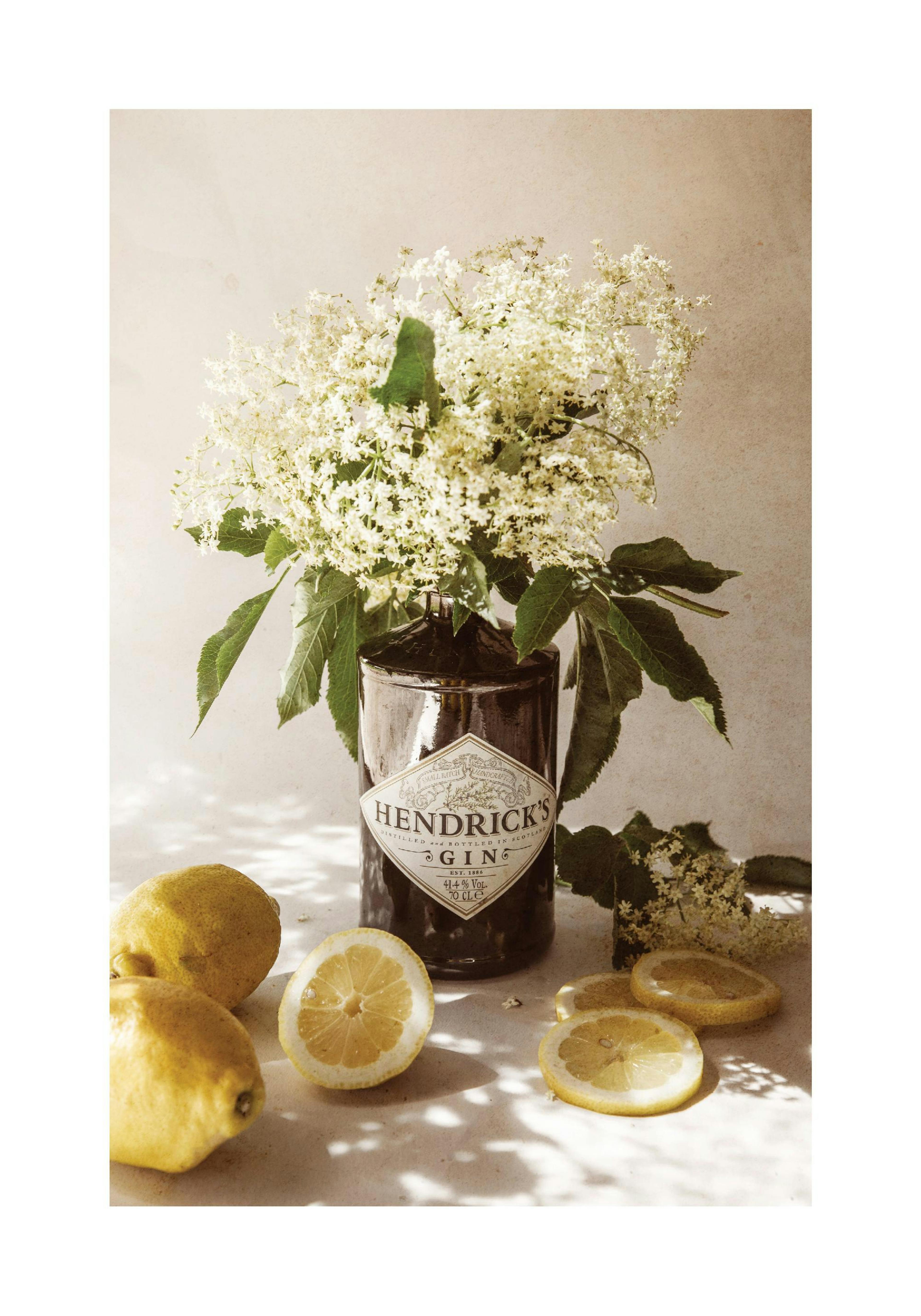 Poster con fiori bianchi in una bottiglia di gin, limoni e taglieri in legno su un mobile da cucina.