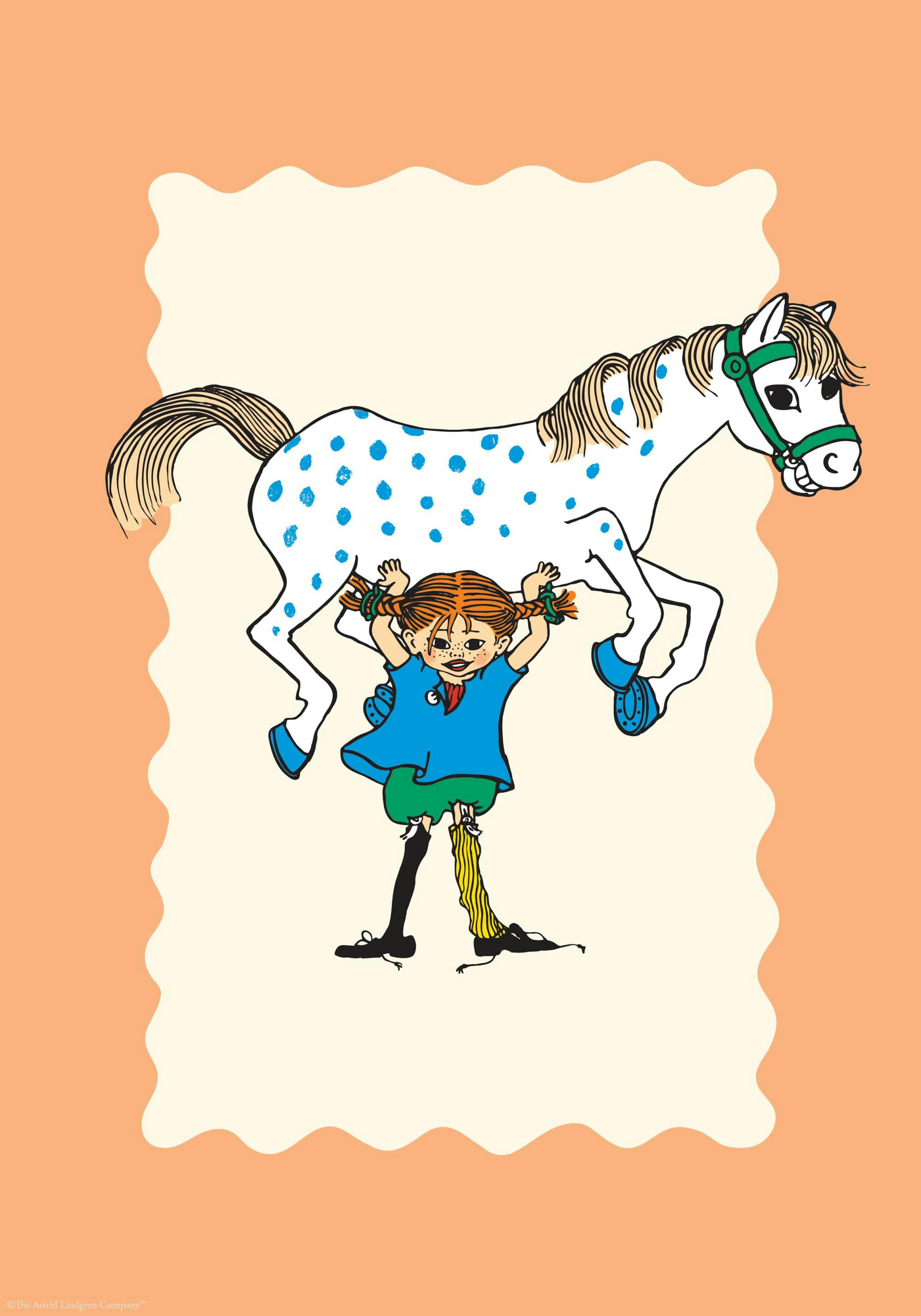 Poster: Pippi Langstrumpf hebt Kleiner Onkel hoch, auf einem hellen Hintergrund mit gewelltem Rand.