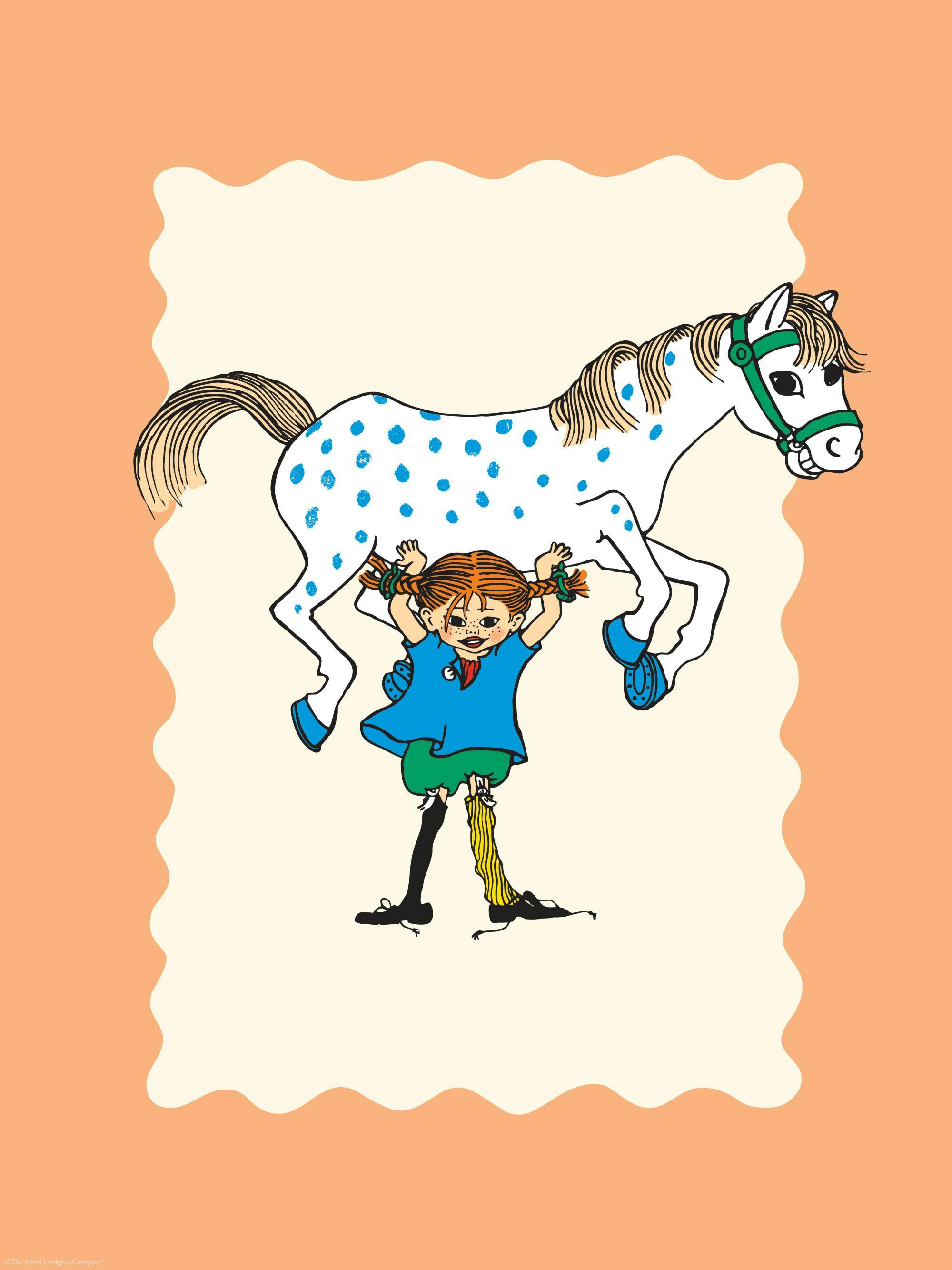 A poster featuring a smiling Pippi Longstocking holding a white horse with blue spots above her head.