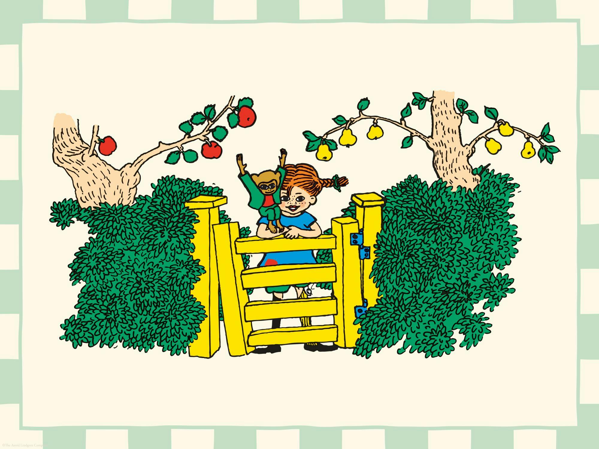 A poster depicting a girl with a monkey on her shoulder, leaning over a yellow fence surrounded by green bushes and fruit trees.