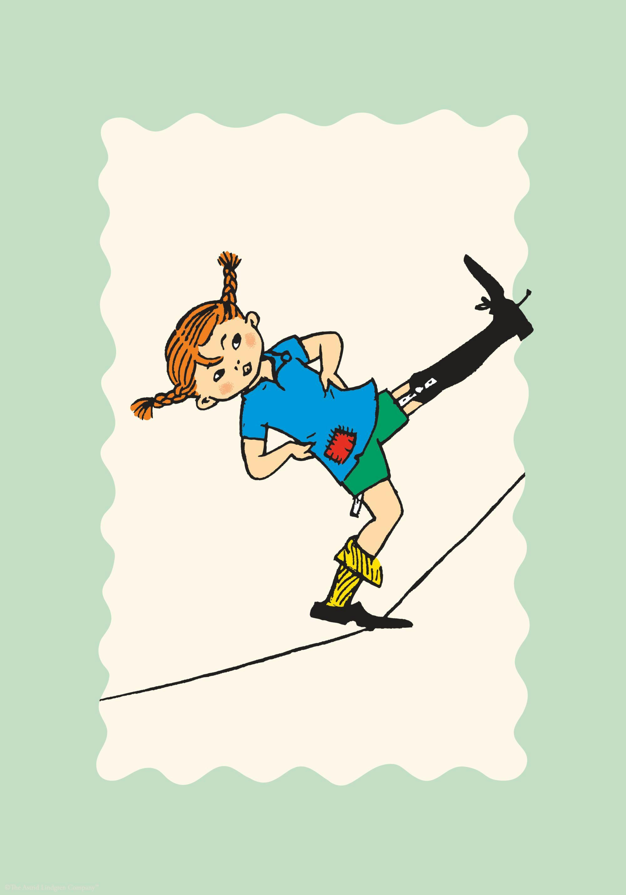 A poster depicting Pippi Longstocking in a blue shirt and green shorts, balancing on a tightrope with one leg raised.