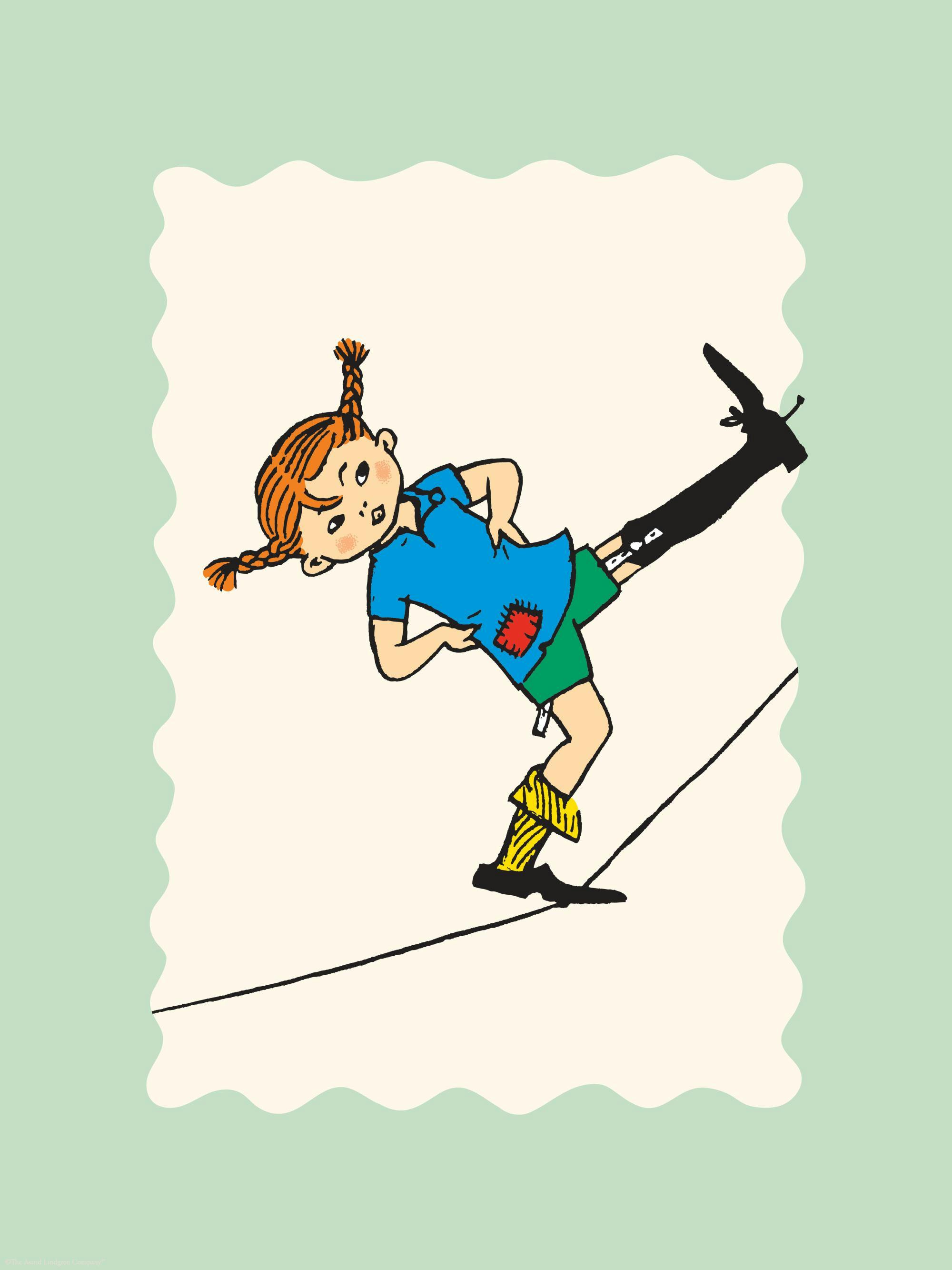 A poster featuring a girl with red braids, blue shirt, and green shorts, balancing on a tightrope.
