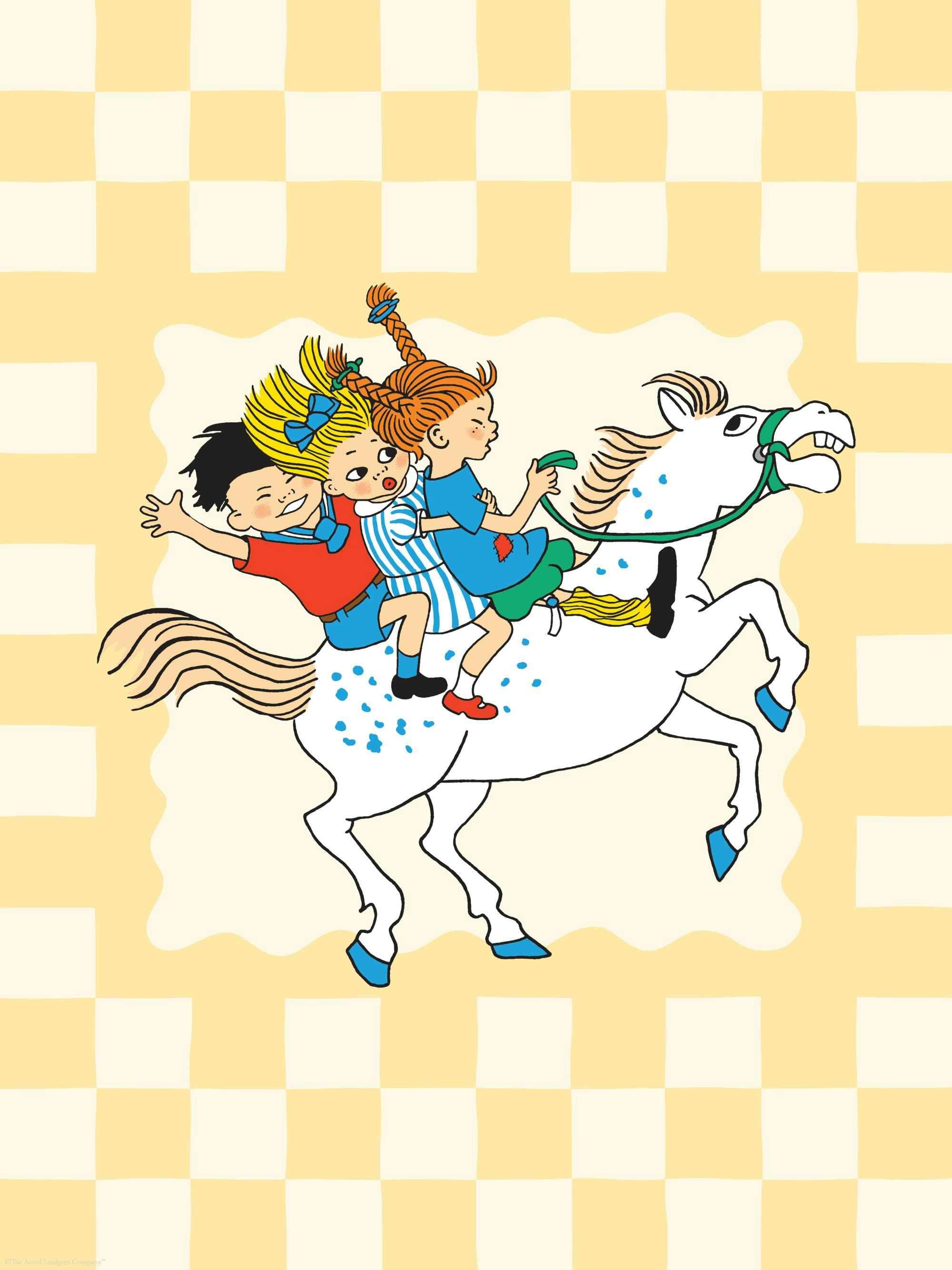 A poster featuring a boy and two girls riding a white horse with blue spots, on a yellow-and-white checkered background.