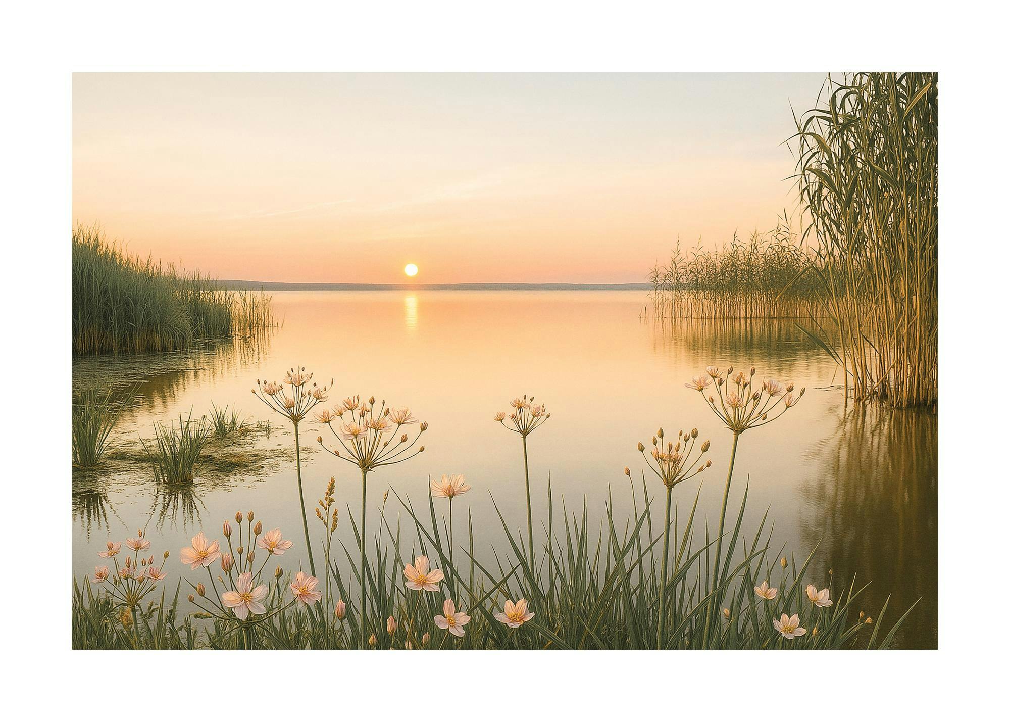 Poster van een kalme zonsondergang boven water, met waterlelies en riet aan de voorgrond en oevers.