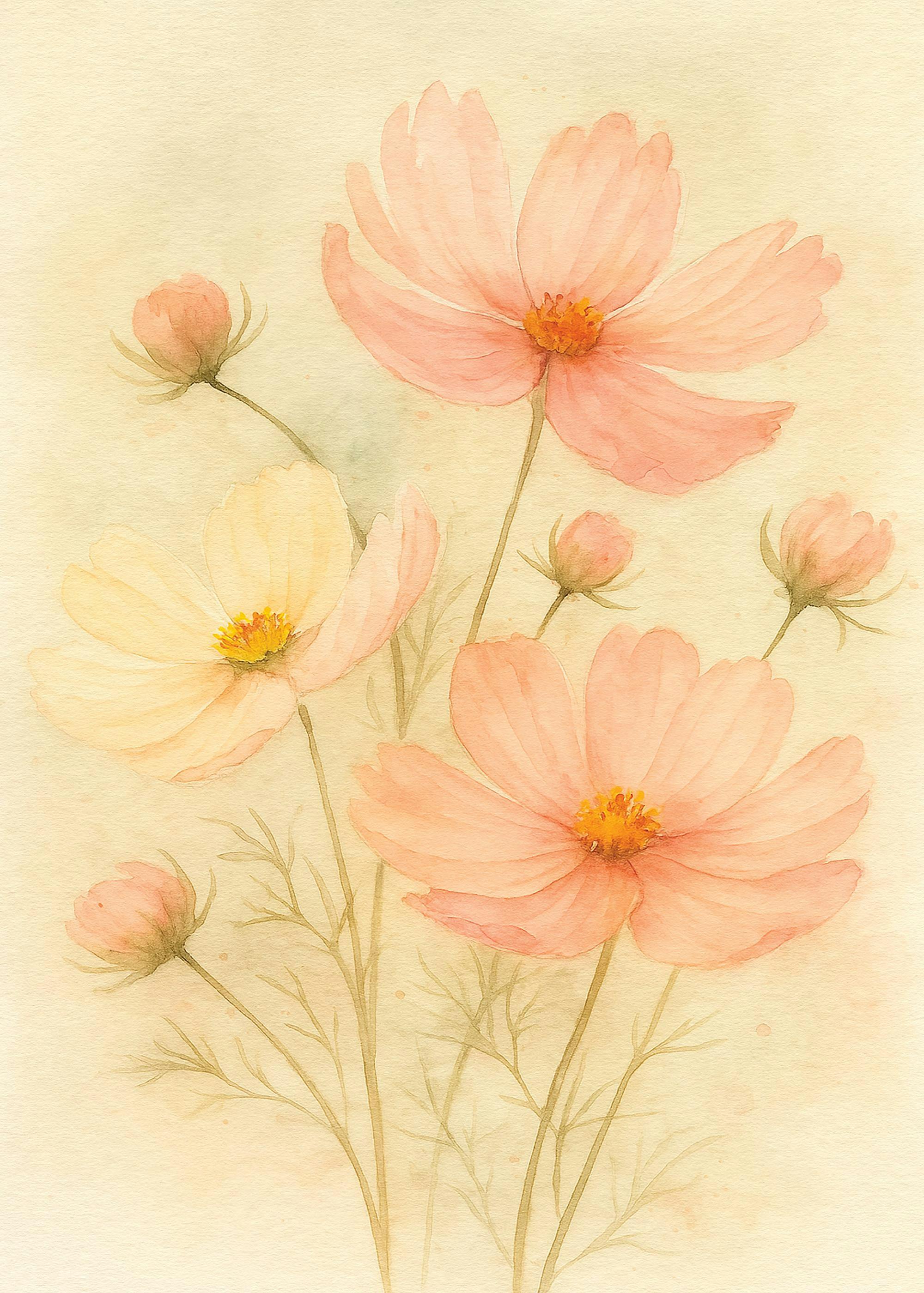 A poster featuring a watercolour illustration of delicate pink and yellow cosmos flowers with buds and stems on a cream backgrou