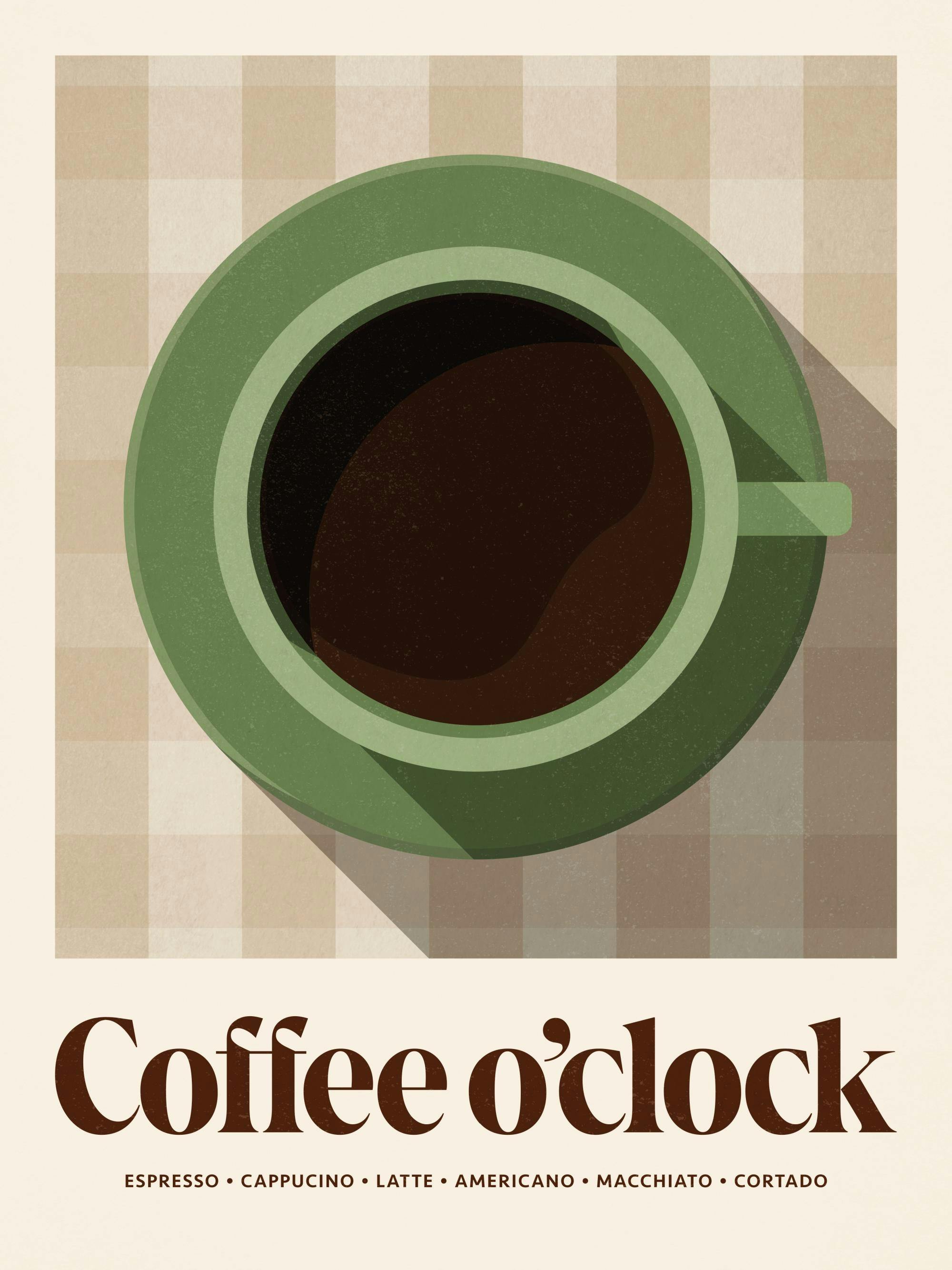 緑のコーヒーカップと温かいコーヒーが描かれたポスター。ベージュのチェック柄のテーブルクロスの上に置かれ、「Coffee oclock」と書かれています。