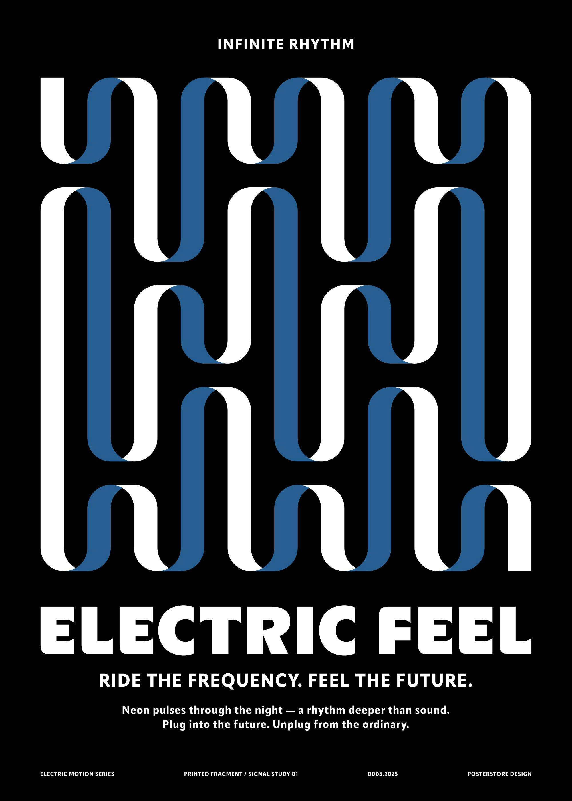 A poster featuring a black background with repeating white and blue interlocking wavy ribbon patterns, and text ELECTRIC FEEL.