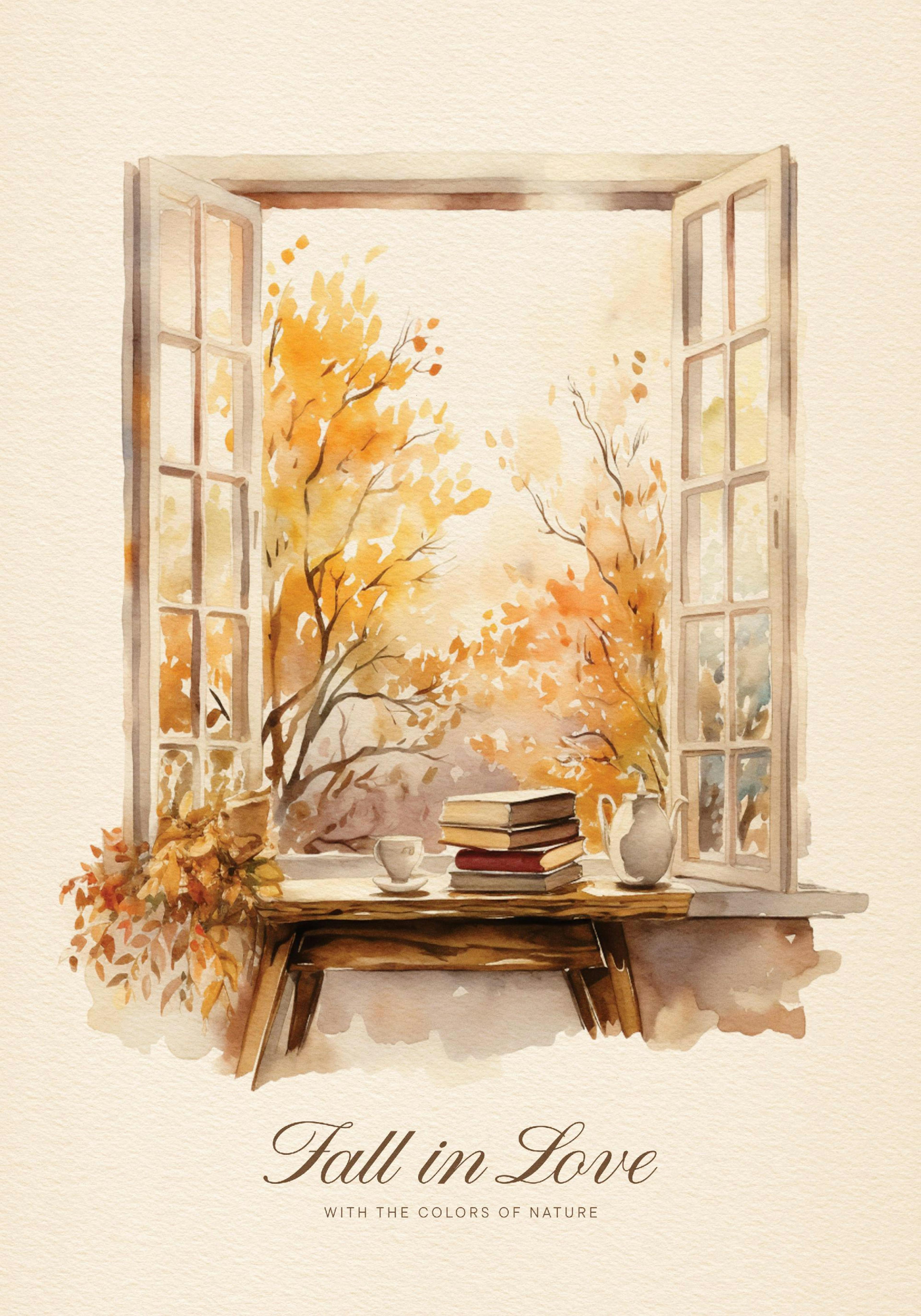 A watercolour poster of an open window overlooking autumn trees, with books and a teacup on the sill.