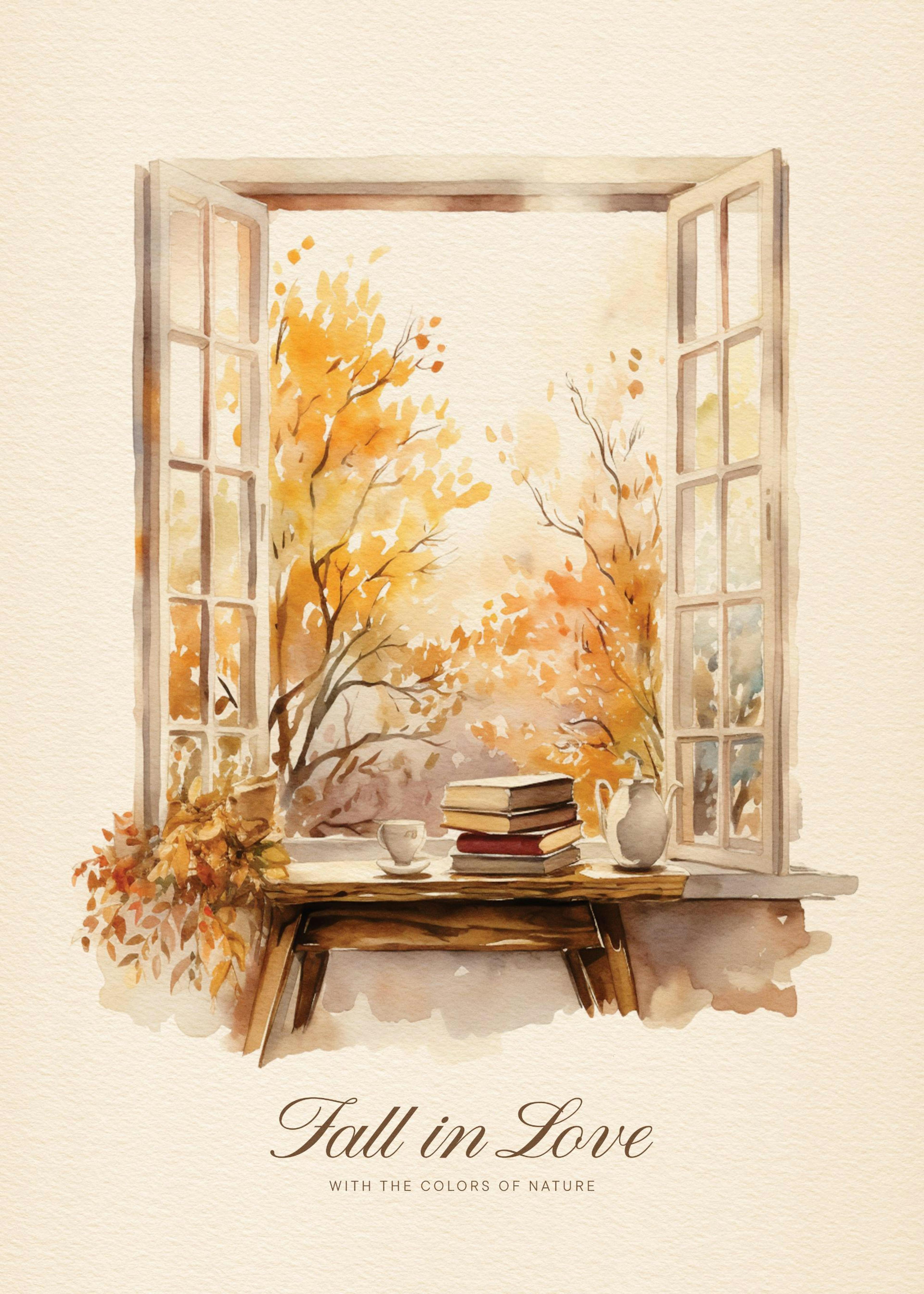 A watercolour poster of an open window overlooking autumn trees, with books and a teacup on the sill.