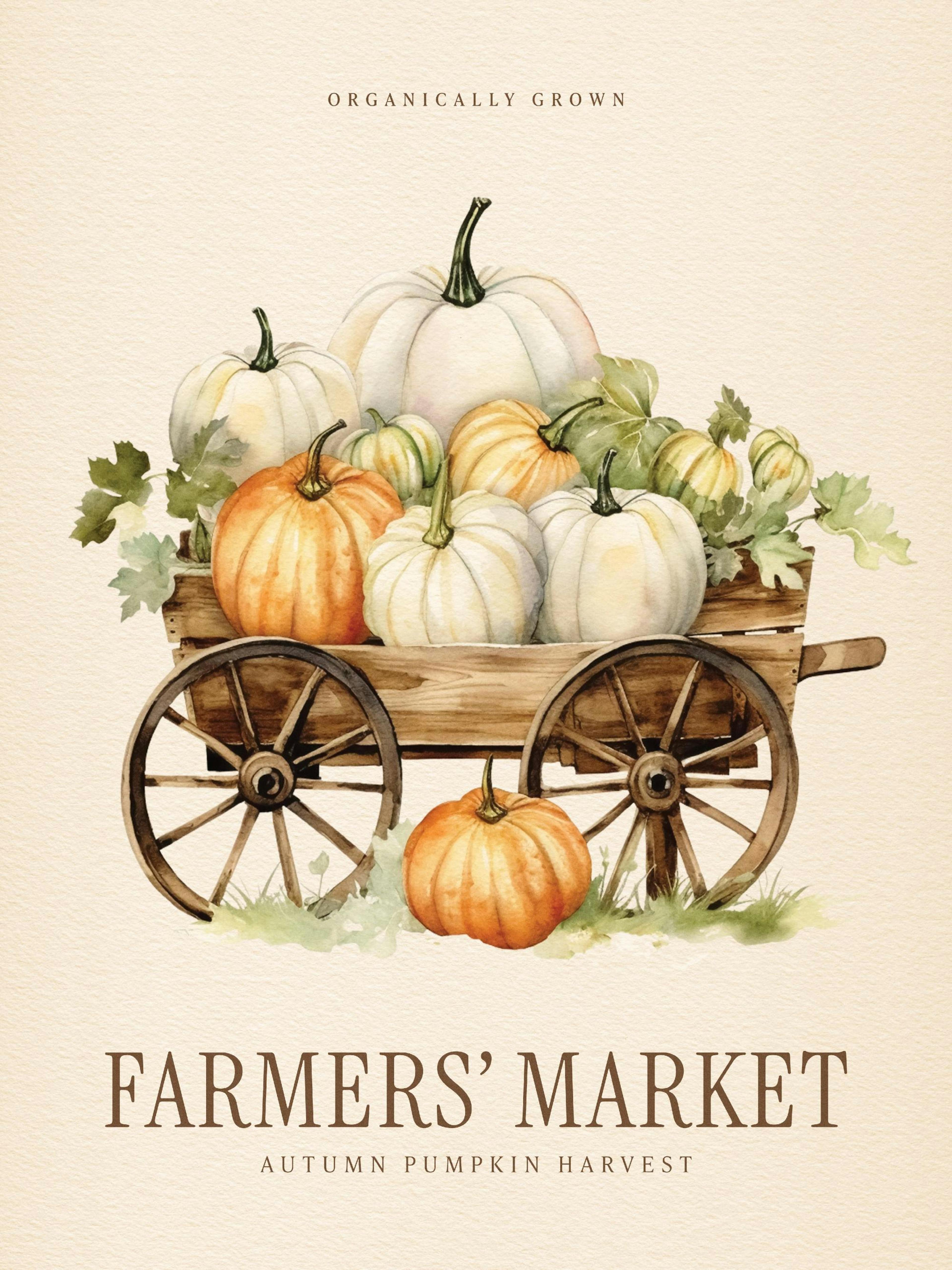 A poster featuring a rustic wooden cart overflowing with white and orange pumpkins and green leaves, perfect for autumn decor.