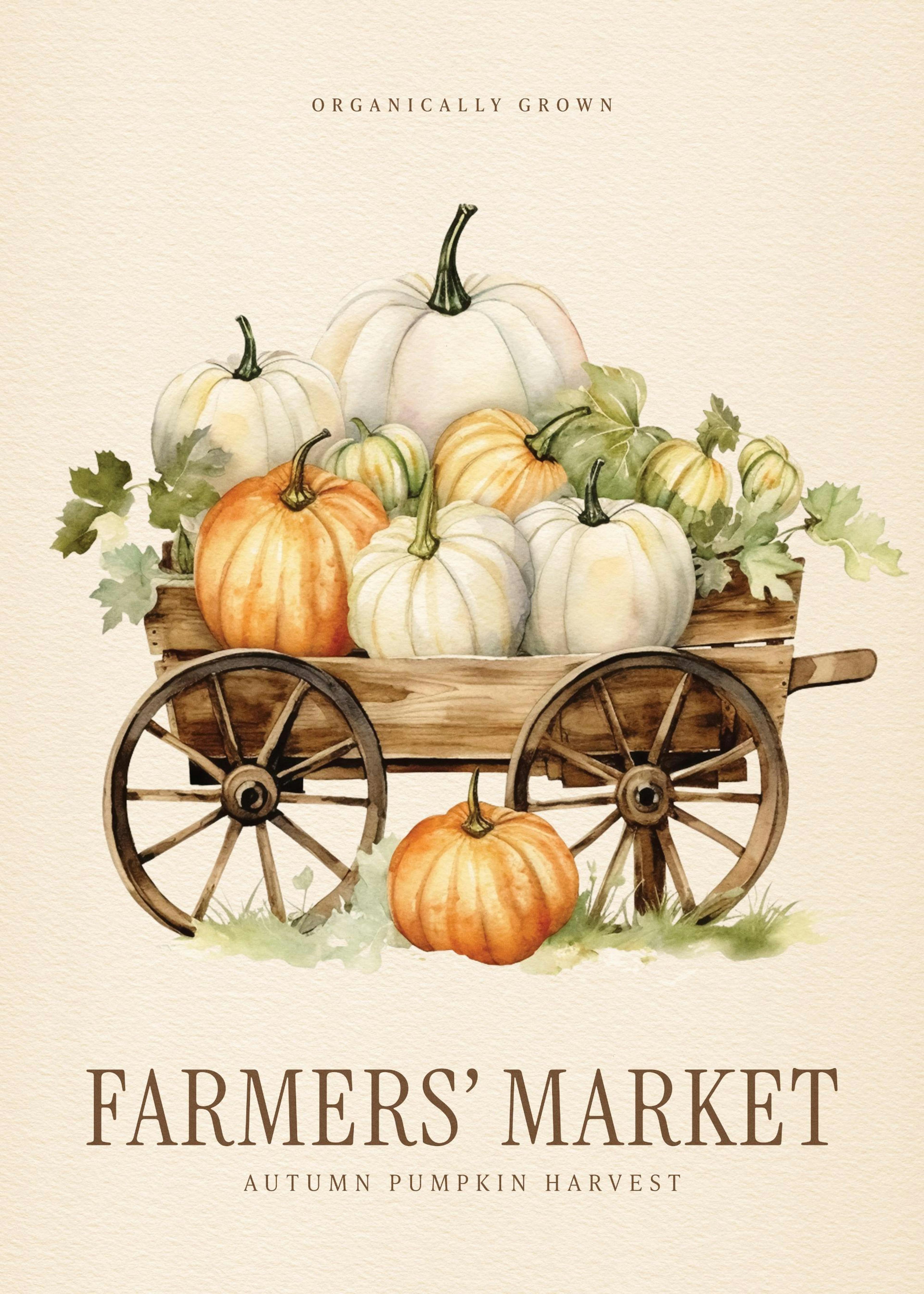 Poster avec une charrette en bois remplie de citrouilles blanches et oranges, et le texte Farmers Market.