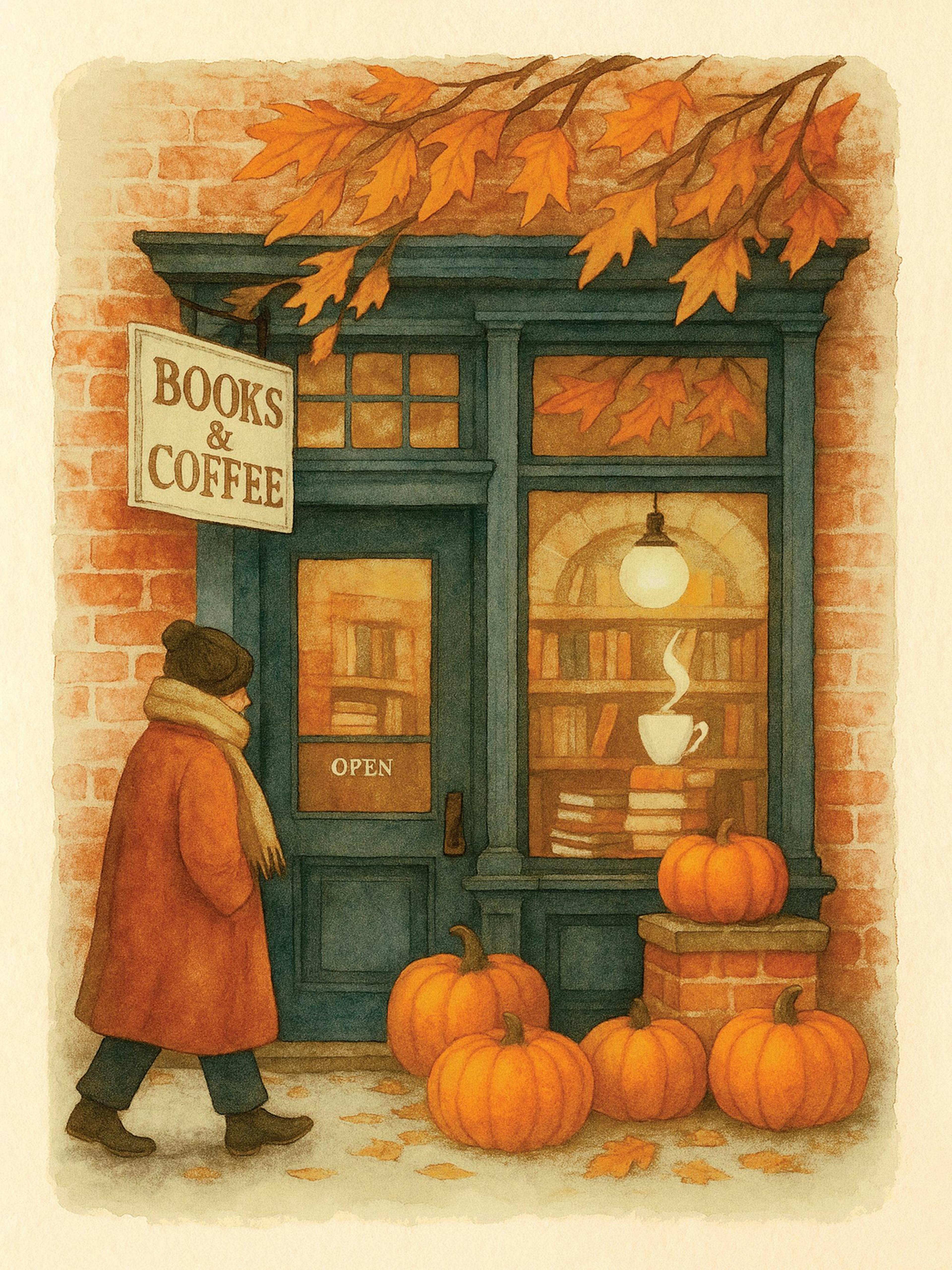 A poster depicting an autumn scene of a person walking towards a Books & Coffee shop, with pumpkins and fallen leaves outside.