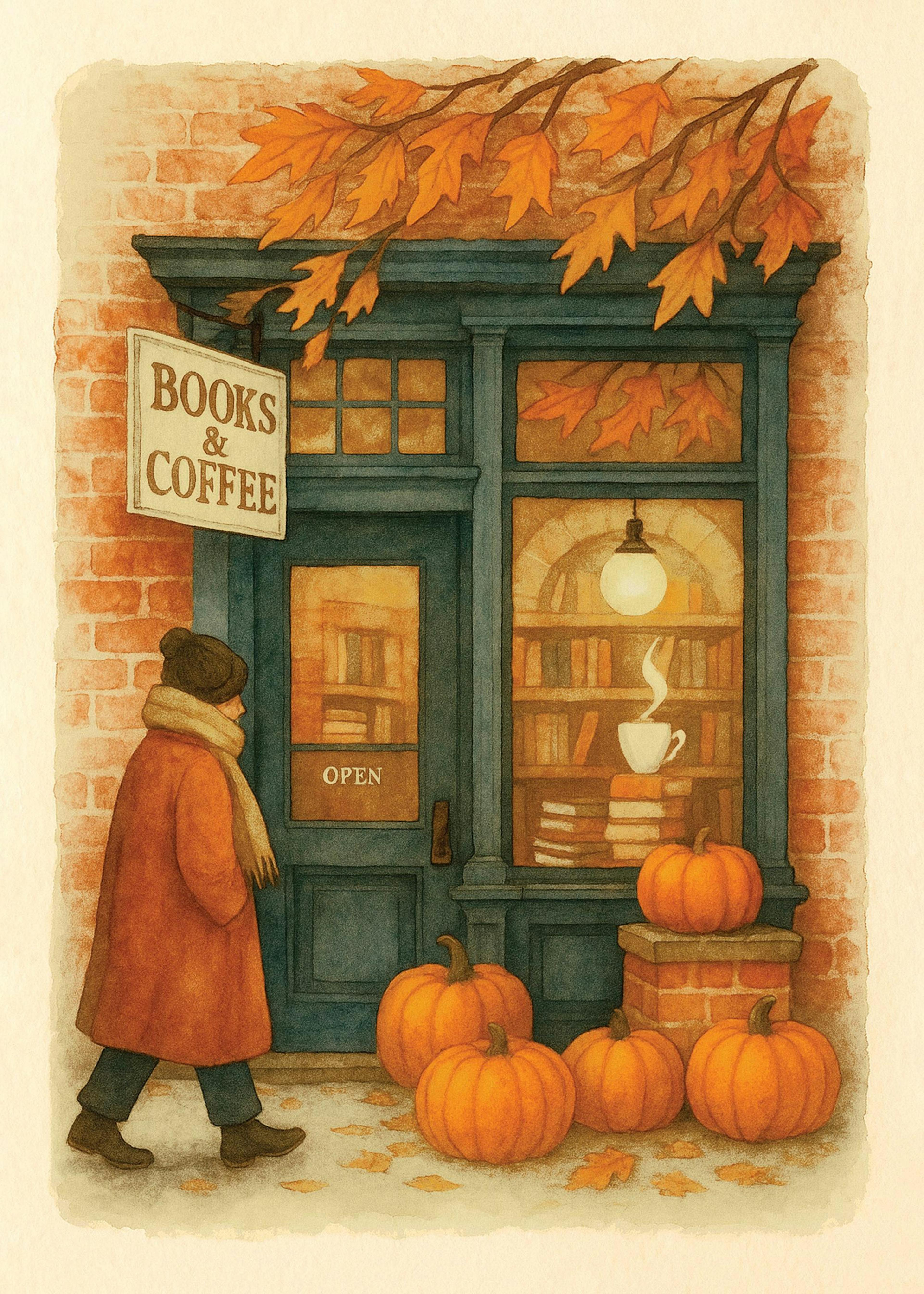 Un poster dune personne marchant vers un magasin de livres et café décoré de citrouilles et de feuilles dautomne.