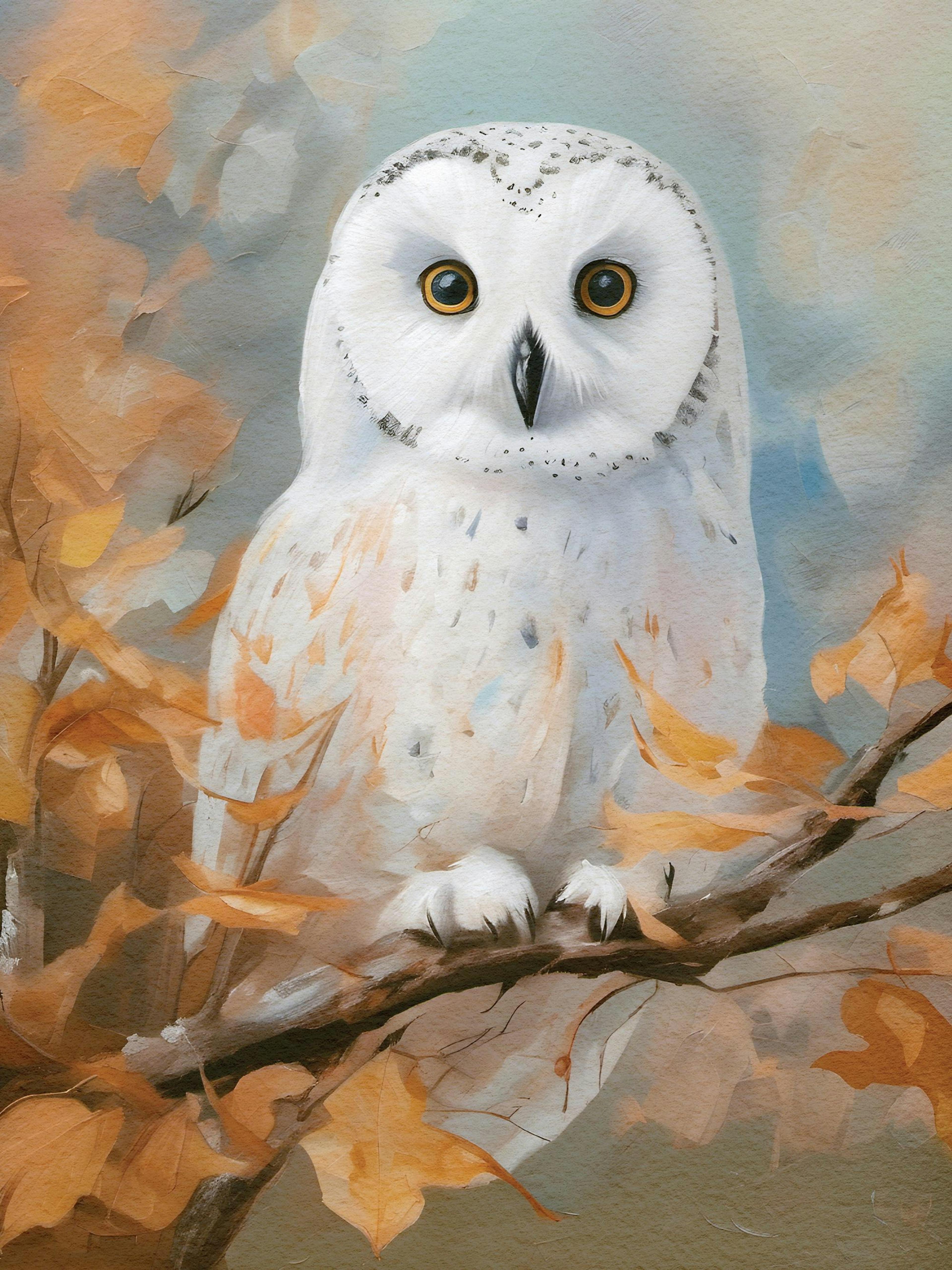 A poster featuring a white barn owl with large yellow eyes perched on a branch surrounded by autumn leaves.