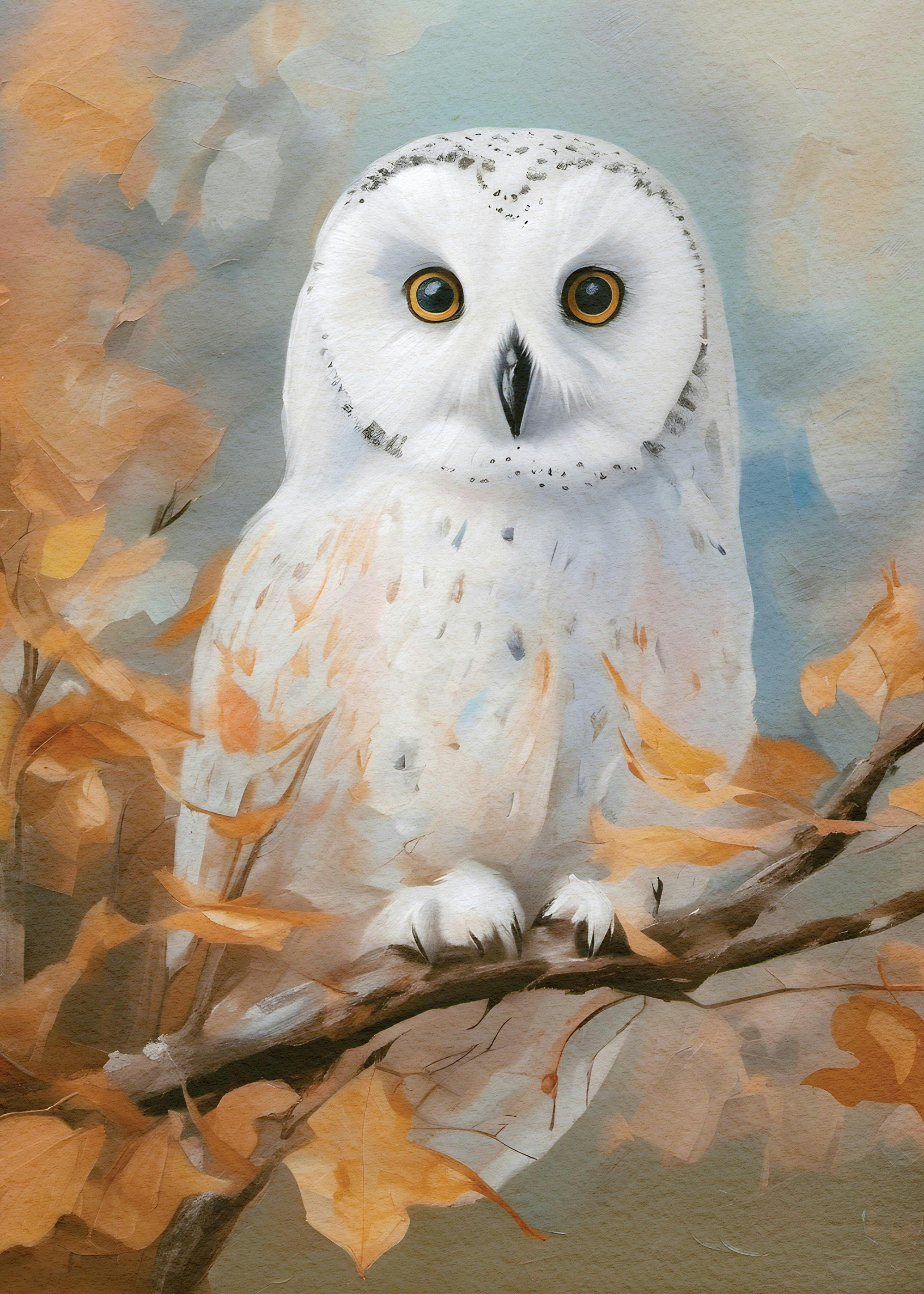 A poster featuring a white barn owl with large yellow eyes perched on a branch surrounded by autumn leaves.