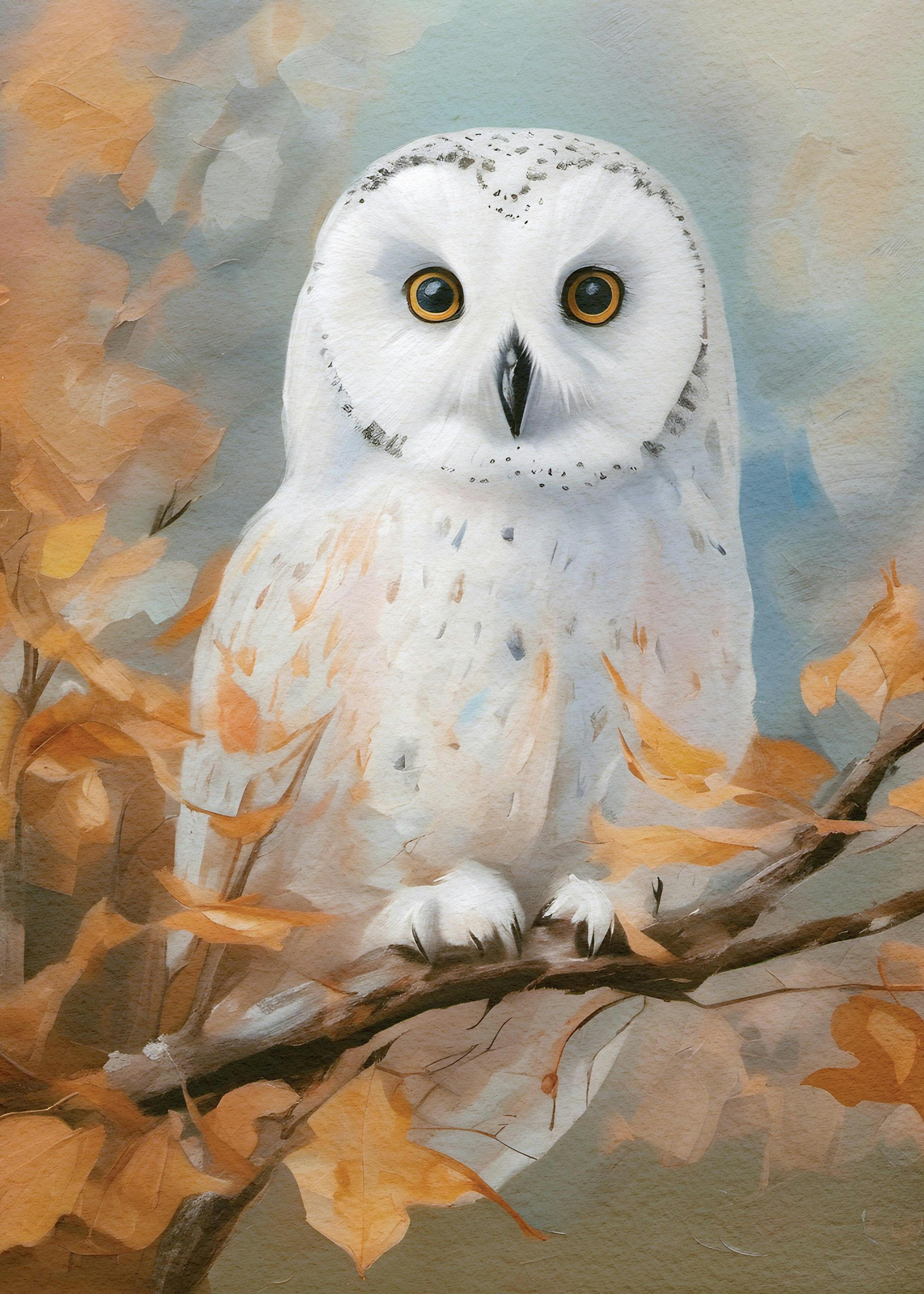 A poster featuring a white barn owl with large yellow eyes perched on a branch surrounded by autumn leaves.