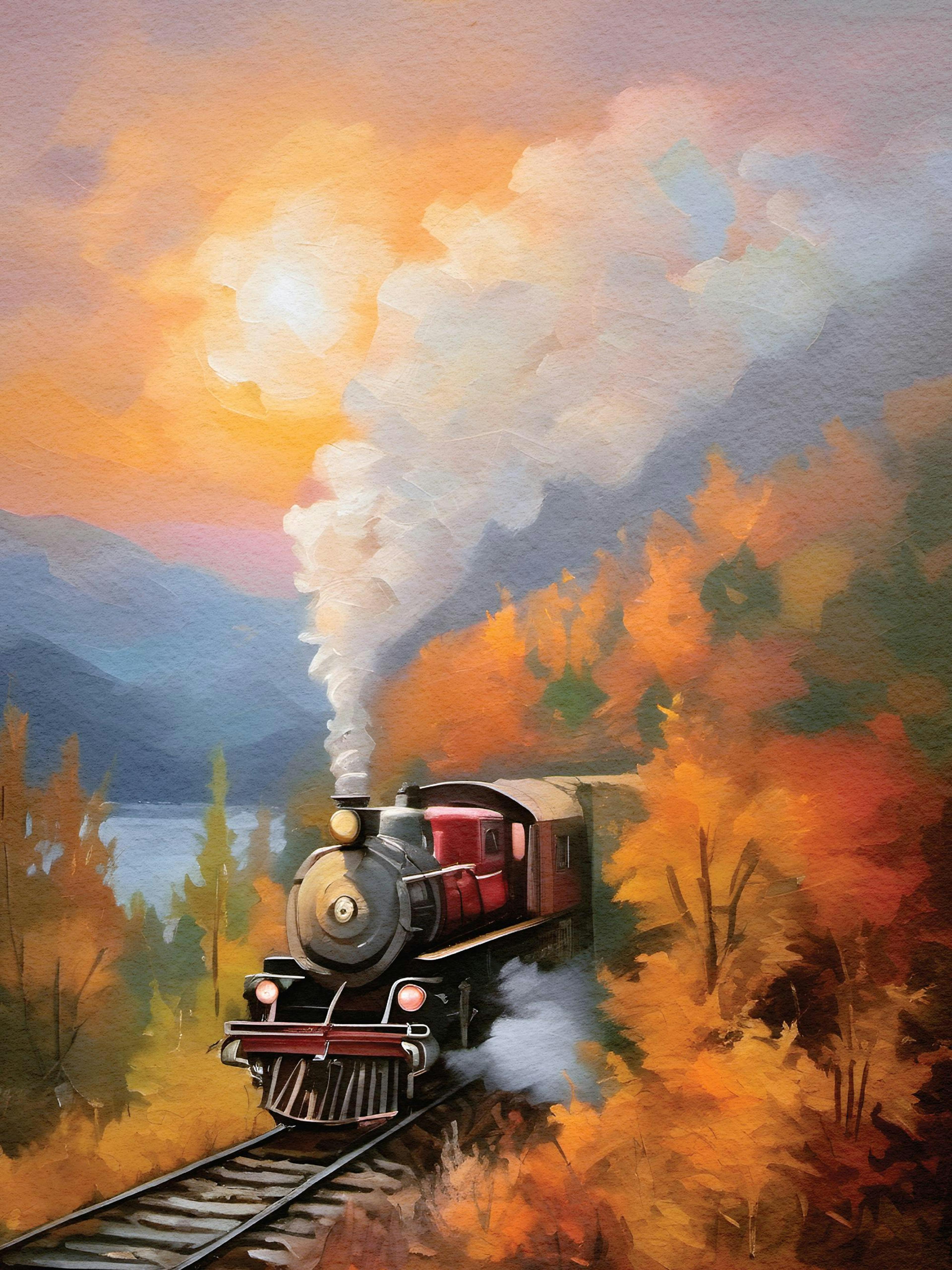 A poster featuring a vintage steam train with red carriages, emerging from an autumn forest, with a lake and mountains in the di
