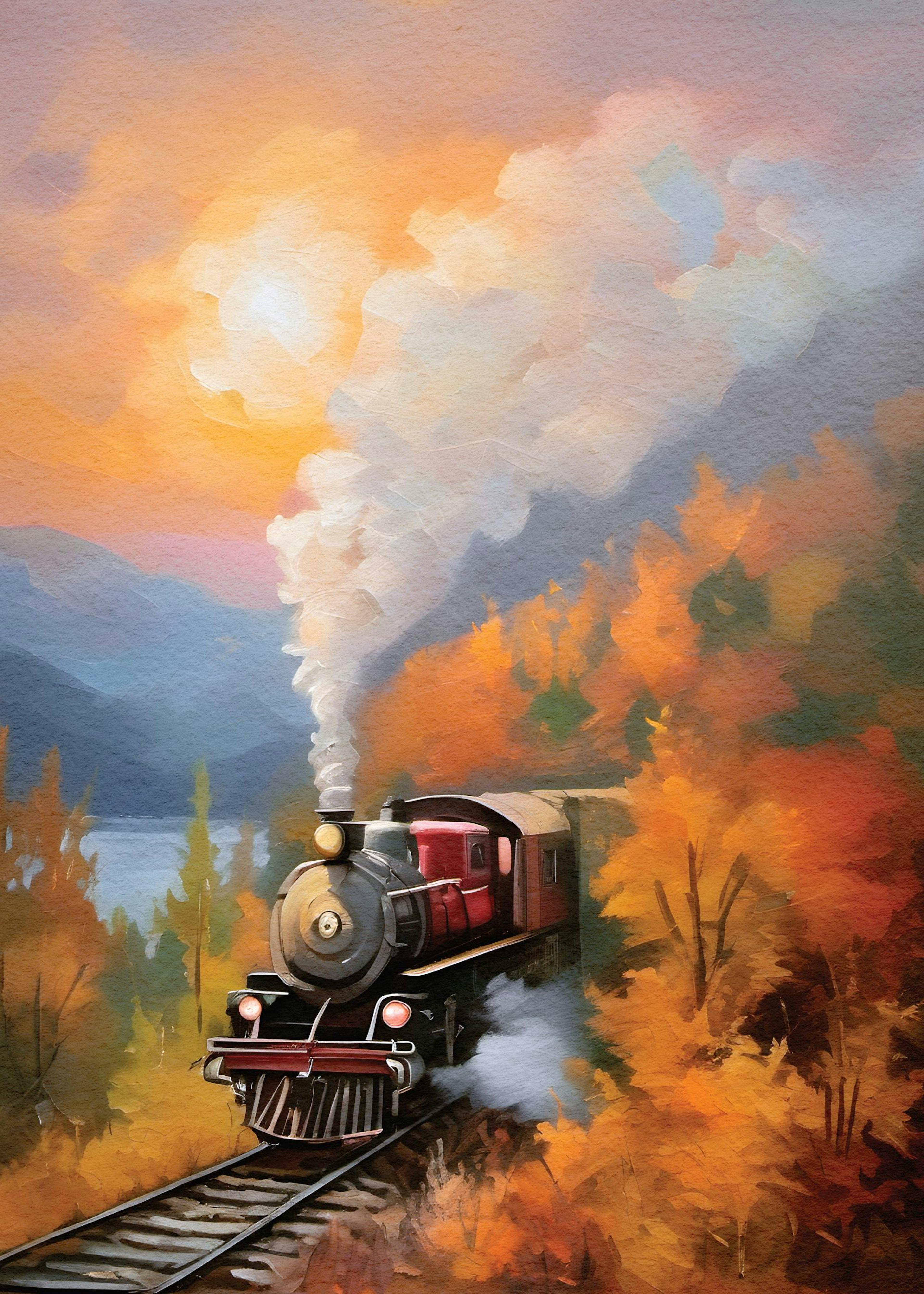 A poster featuring a vintage steam train with red carriages, emerging from an autumn forest, with a lake and mountains in the di