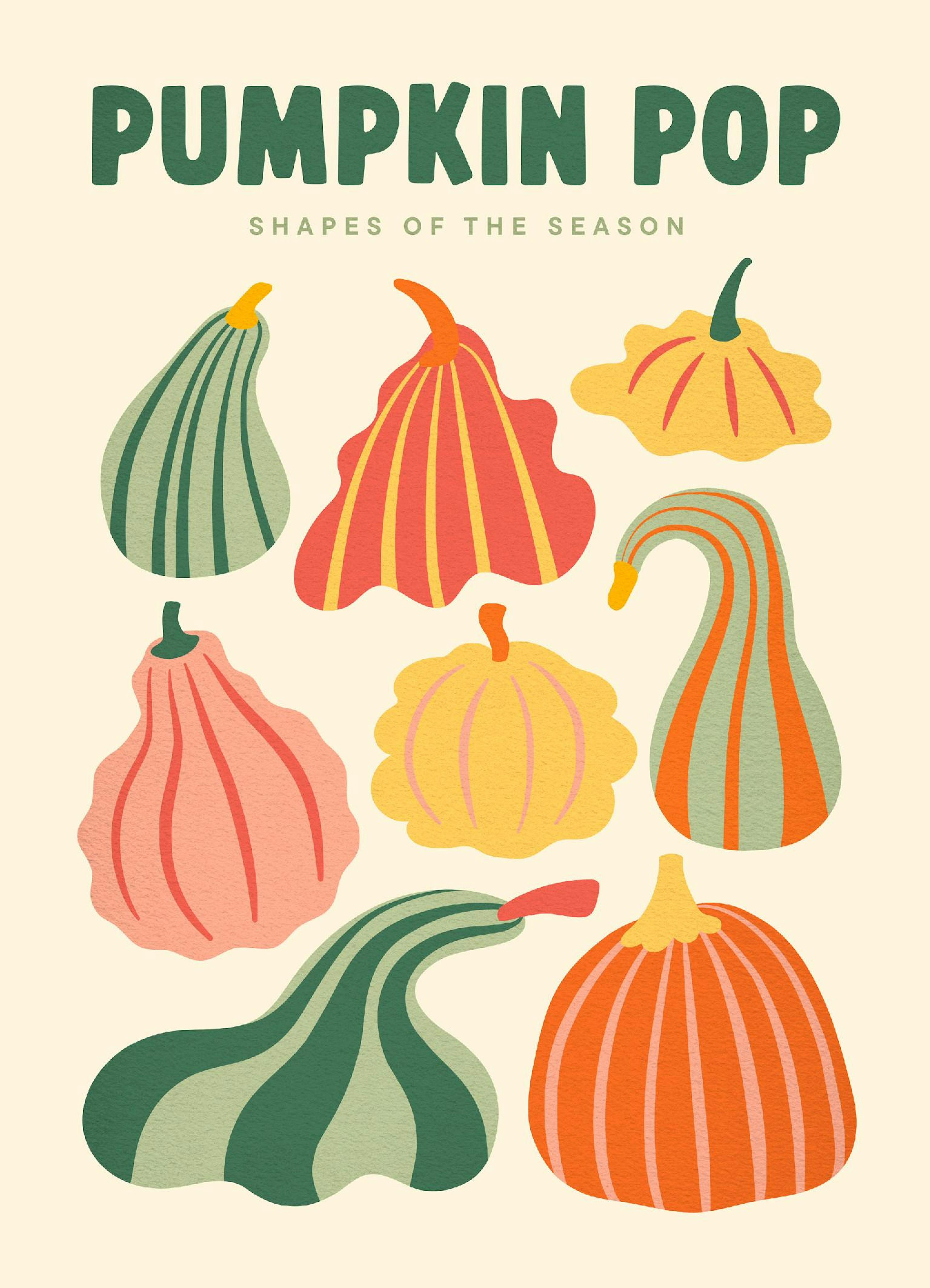 A poster featuring a collection of colourful gourds and pumpkins in various shapes and sizes.