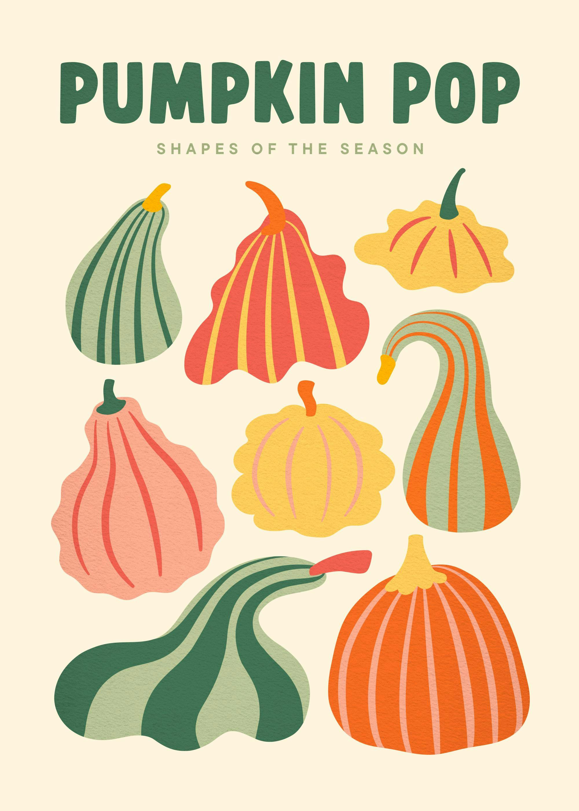 A colorful poster featuring various gourd and pumpkin shapes in green, orange, yellow, and pink with stripes, on a light backgro