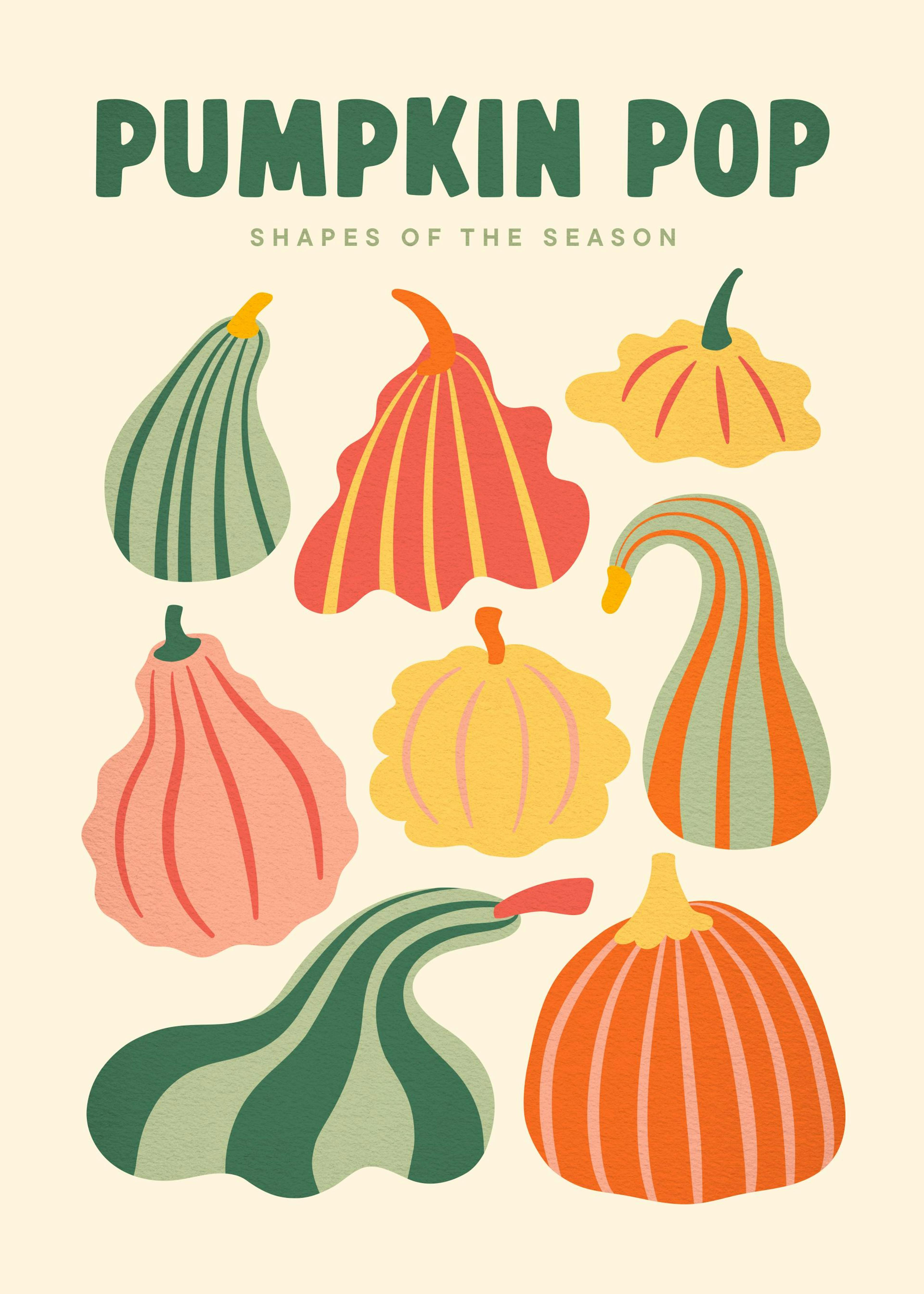 Poster avec des citrouilles et courges multicolores aux formes diverses, y compris des rayures, sur un fond clair.