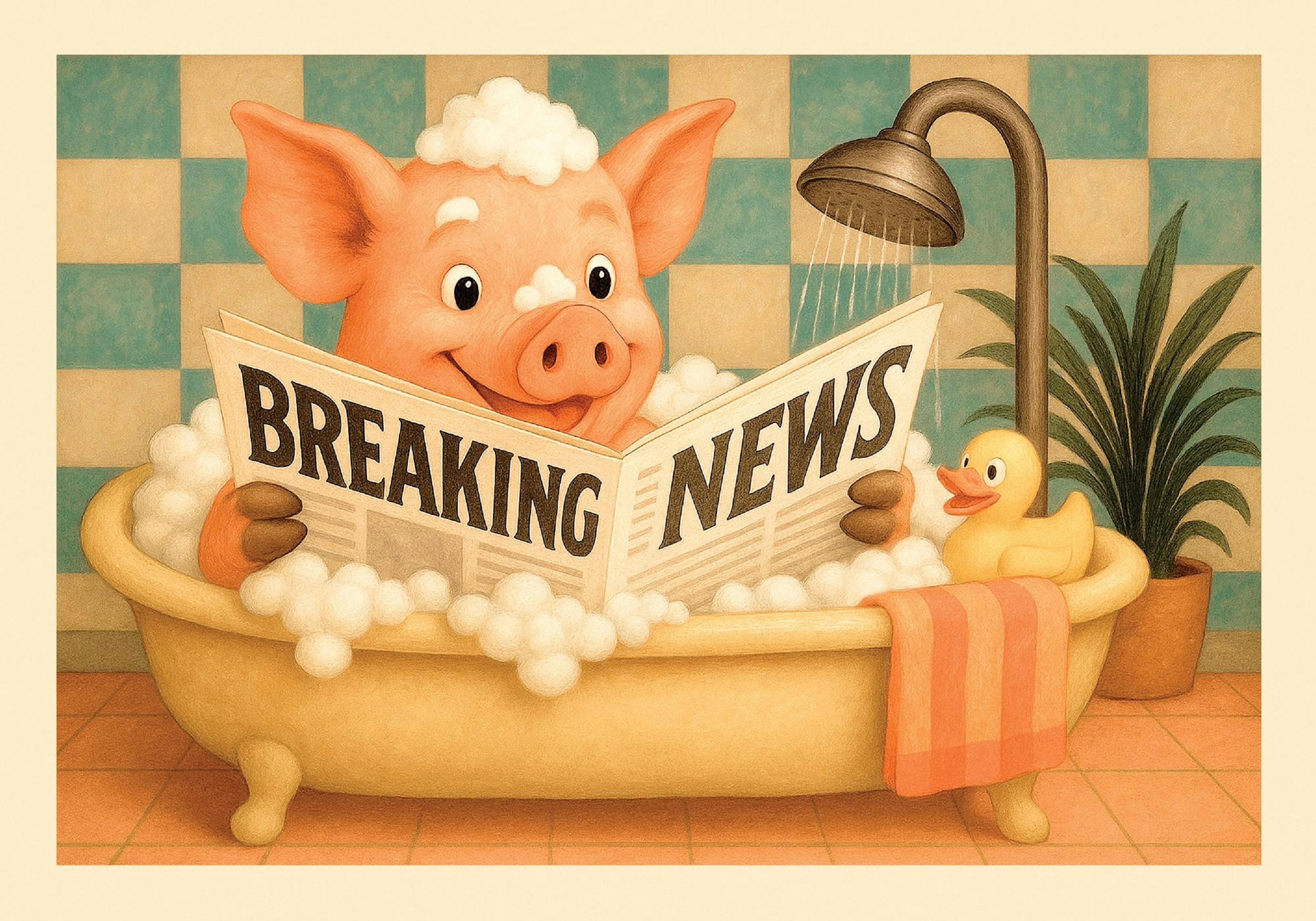 A whimsical poster of a happy pink pig taking a bubble bath and reading a newspaper with BREAKING NEWS on the front, with a rubb
