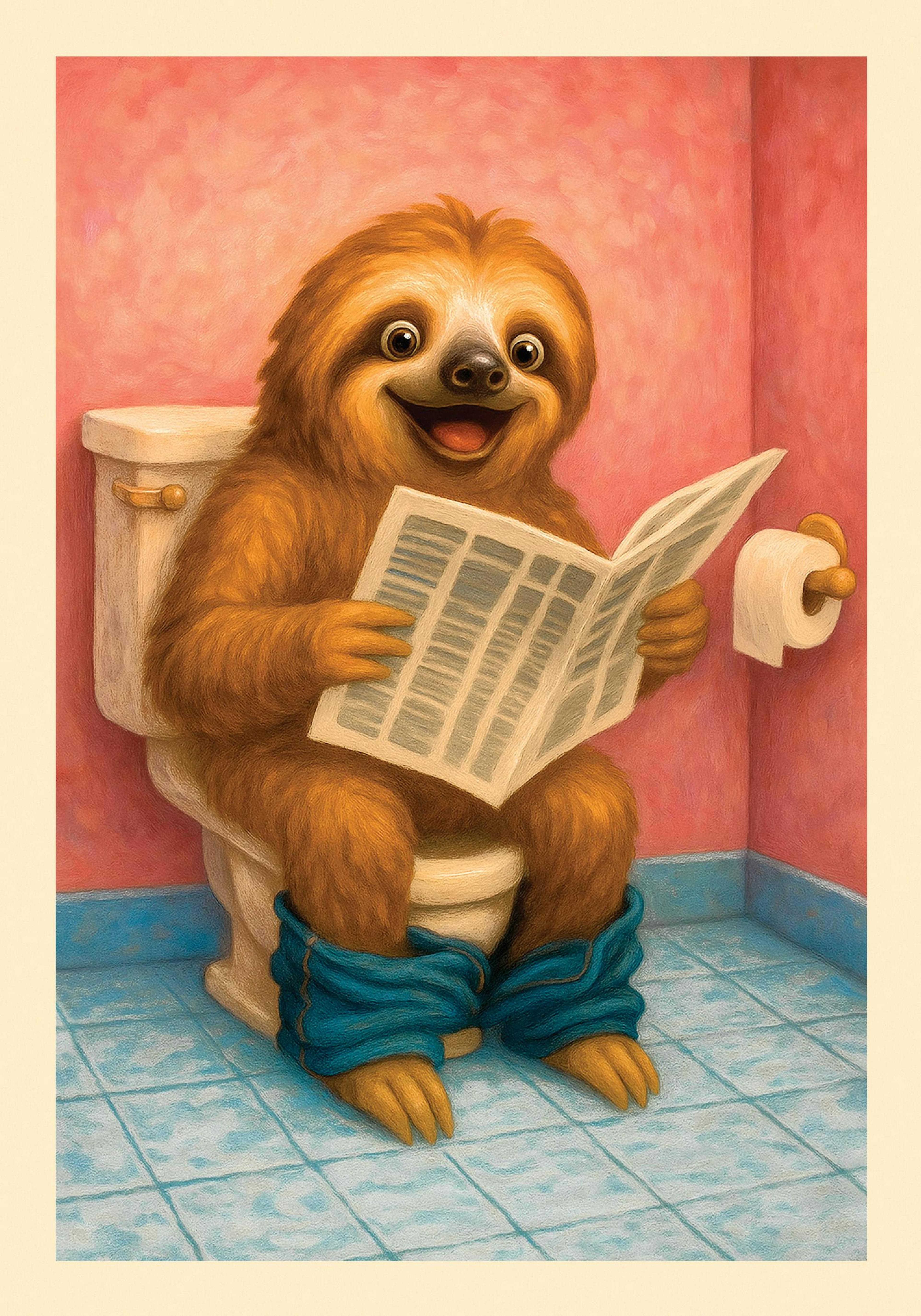 A humorous poster of a happy brown sloth sitting on a toilet reading a newspaper.