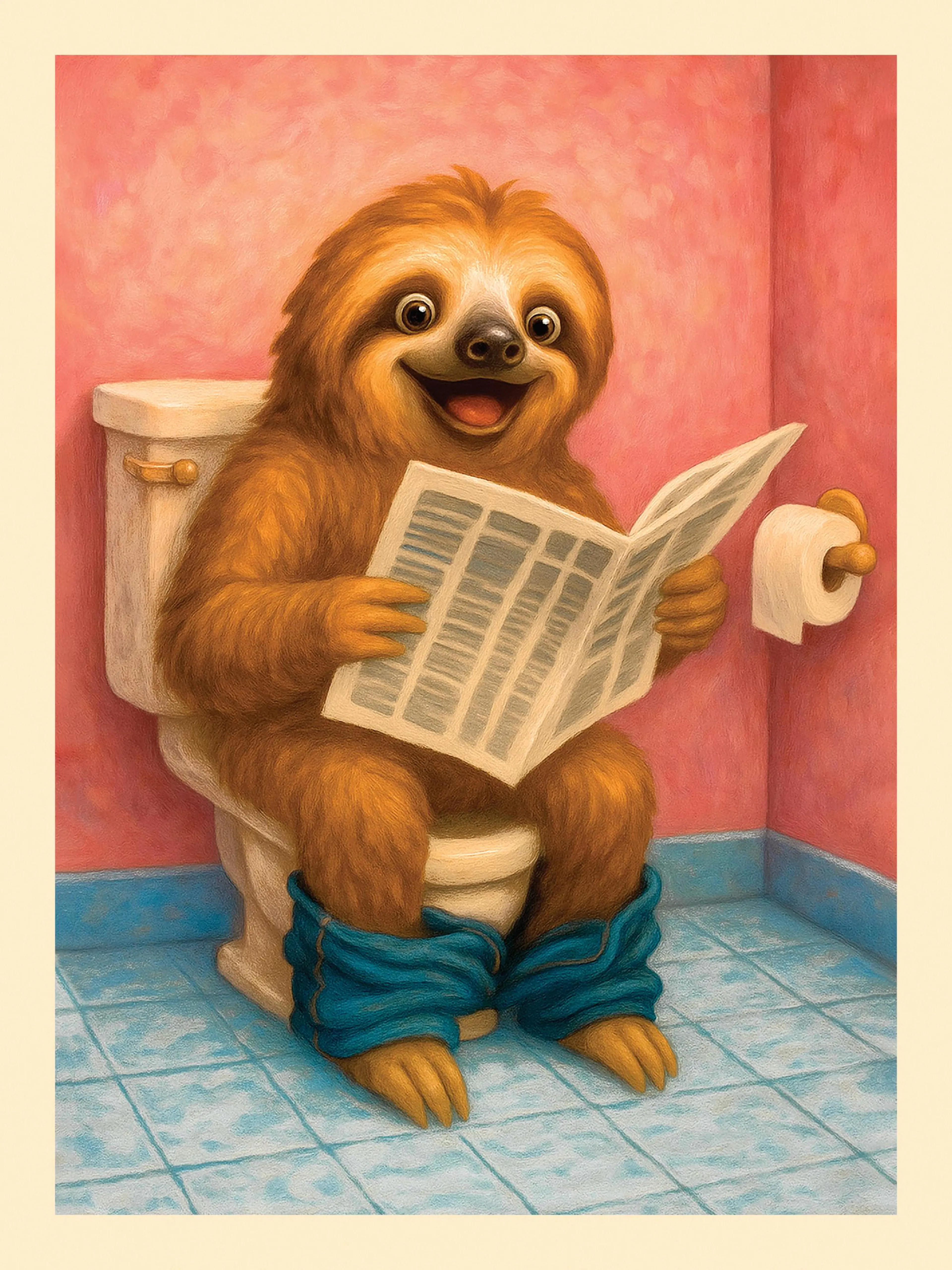 Poster van een lachende luiaard op het toilet met een krant in een roze badkamer.
