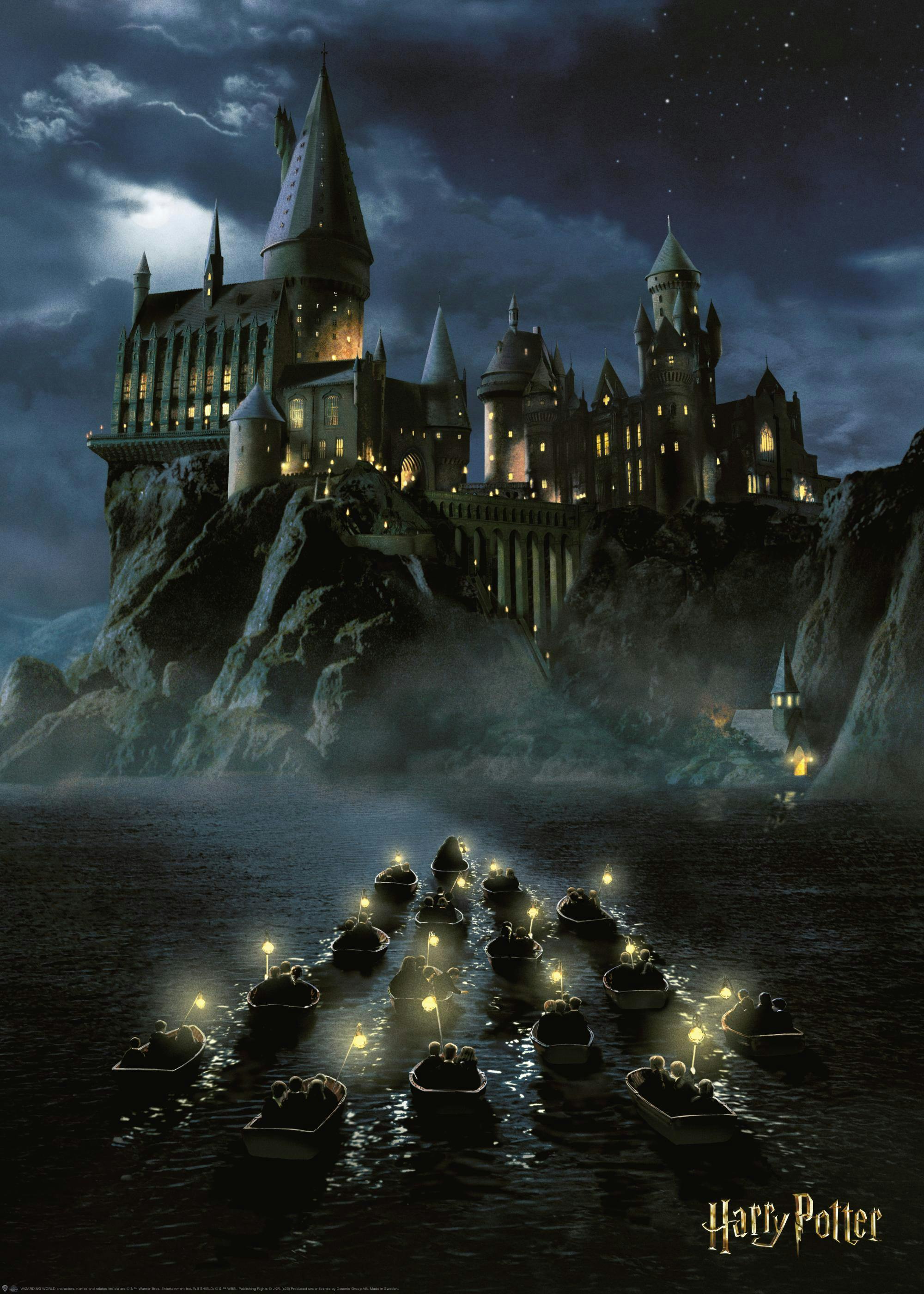 A Harry Potter poster featuring Hogwarts Castle at night, with students in illuminated boats on the lake.