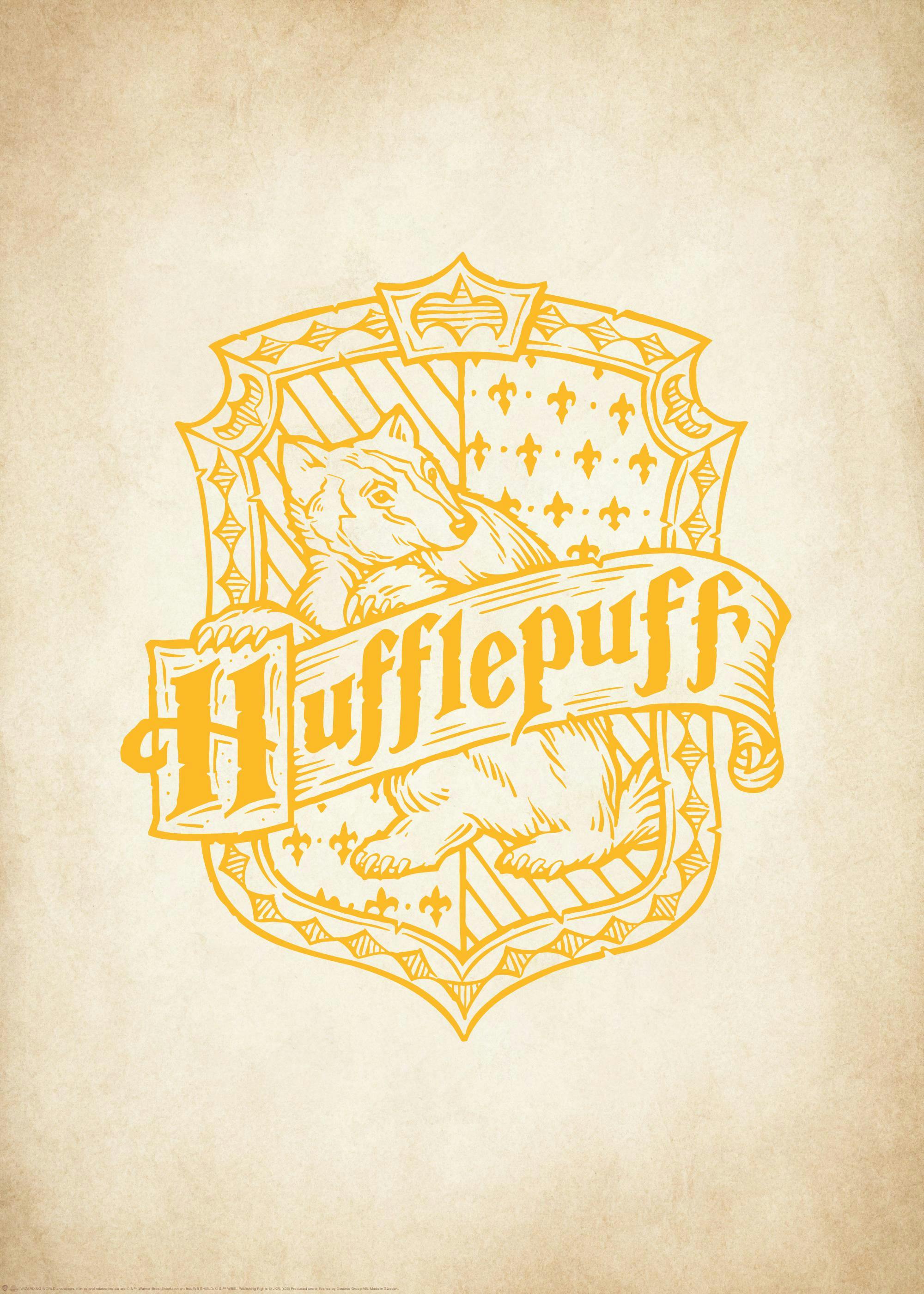 A poster featuring the Hufflepuff crest in yellow, with a badger and the word Hufflepuff on a light brown parchment-like backgro