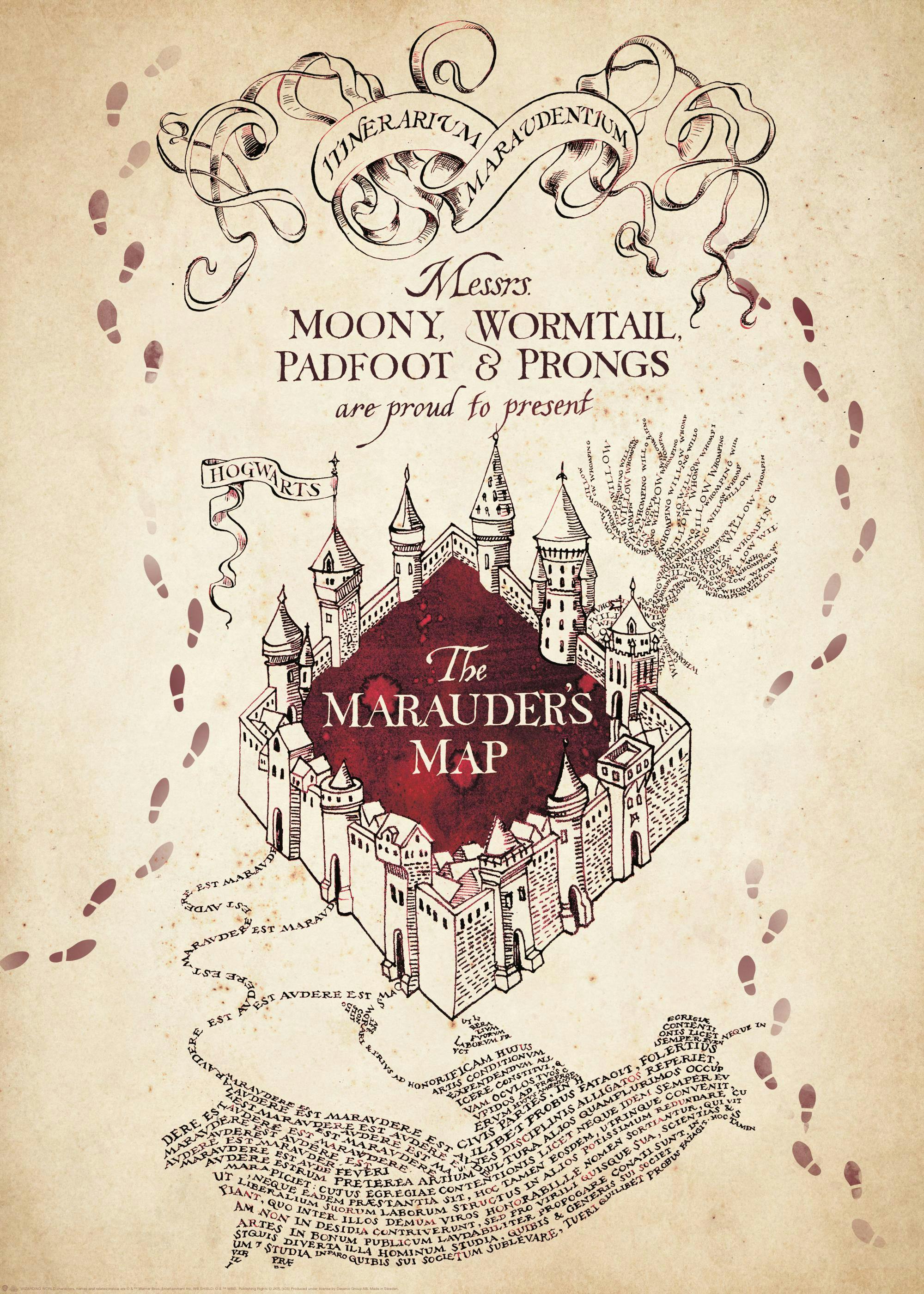 Poster der Karte des Rumtreibers aus Harry Potter mit Hogwarts, Fußspuren und verschnörkelter Schrift.